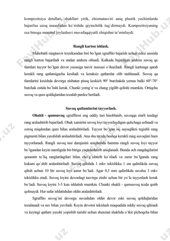 mkv tekislikka 1 sm qalinlikda suvoq qilish uchun 10 litr suvoq loyi zarur bo`ladi. agar 0,3 mm qalinlikda suvalsa 3 mkv tekislikka etadi. suvoq loyini devordagi tasvirga etishi uchun bir yo`la tayyorlash kerak bo`ladi. suvoq loyini 3-5 kun ishlatish mumkin. chunki ohakli - qumsuvoq tezda qotib qolmaydi. har safar ishlatishdan oldin aralashtiriladi. sgraffito suvog`ini devorga suvashdan oldin devor eski suvoq qoldiqlaridan tozalanadi va suv bilan yuviladi. keyin devorni tekislash maqsadida oddiy suvoq qilinadi va keyingi qatlam yaxshi yopishib turishi uchun shaxmat shaklida o`tkir pichoqcha bilan chizib suvoq qatlamlari navbati bilan amalga oshiriladi. suvoq qilishda malakali suvoqchiga murojat qilish mumkin. rangli suvoqlar qorishmasini aniqlashda gipsdan yasalgan plastina ustiga qalinligi 1 sm yuzasi 0,5 dmkv. shaklidagi qorishmani qo`yiladi. gipsli plastina qorishma suvini shimib olgandan keyin rangli suvoq qorishmasini yuza qismini 1 mm kesib olib tashlanadi. ana shu ko`rinish haqiqiy rang tusi hisoblanishi mumkin. shuningdek, qolgan ranglami ham tekshirib ko`rish zarur. bu usul …