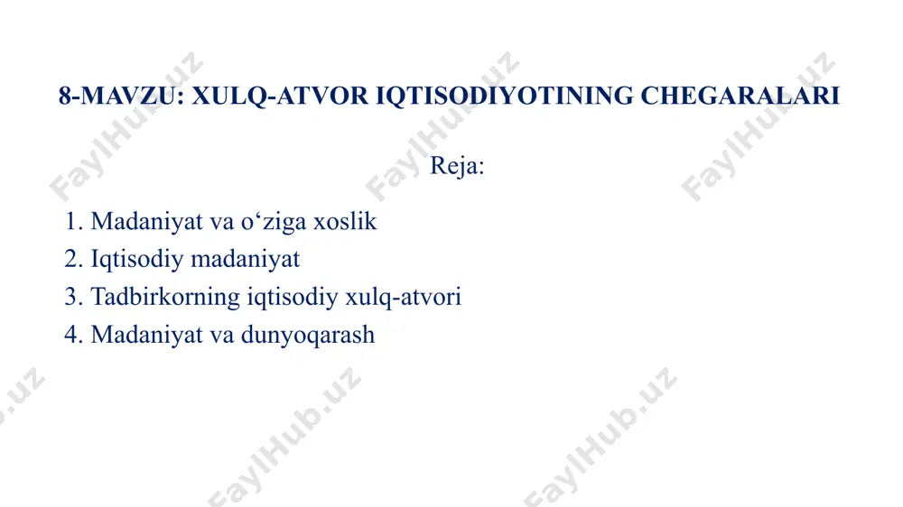 ing iqtisodiy madaniyati jamiyatning iqtisodiy madaniyatiga mos kelishi, undan o‘zib ketishi yoki orqada qolishi ham mumkin. jamiyatning iqtisodiy madaniyati – bu jamiyatning iqtisodiy faoliyatdagi qadriyatlari, iqtisodiy bilim darajasi, iqtisodiy munosabatlar va xulq-atvorni tartibga soluvchi me’yorlar tizimidir. shaxs iqtisodiy madaniyatining asosi ong, iqtisodiy bilim esa uning muhim tarkibiy qismidir. bu bilimlar moddiy ne’matlarni ishlab chiqarish, ayirboshlash, taqsimlash va iste’mol qilish, xo‘jalik hayotining jamiyat taraqqiyotiga ta’siri, jamiyatning barqaror rivojlanishiga xizmat qiluvchi yo‘llar va shakllar, usullar haqidagi g‘oyalar majmuidir. zamonaviy ishlab chiqarish, iqtisodiy munosabatlar xodimdan katta va doimiy o‘sib borayotgan bilimlarni talab qiladi. inson to‘plangan bilimlaridan kundalik faoliyatida faol foydalanadi, shuning uchun iqtisodiy fikrlash uning iqtisodiy madaniyatining muhim tarkibiy qismidir. u iqtisodiy hodisa va jarayonlarning mohiyatini o‘rganish, o‘rganilgan iqtisodiy tushunchalar bilan ishlash, aniq iqtisodiy vaziyatlarni tahlil qilish imkonini beradi. iqtisodiy muammolarni hal etish samaradorligi ko'p jihatdan iqtisodiy faoliyat ishtirokchilarining ijtimoiy-psixologik sifatlariga bog'liq. ular orasida iqtisodiy madaniyatning shaxsning iqtisodiy yo'nalishi kabi muhim elementini ajratib …