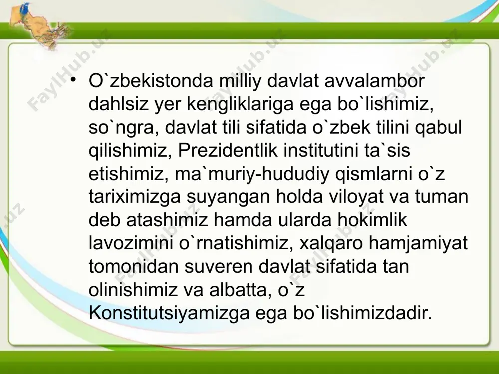 `yektiv sabablarga kо`ra ayrim aholi punktlarida aholi sonining kamayishi, ijtimoiy-iqtisodiy markazlarning kо`chirilishi yoki tugatilishi natijasida shaharlar viloyat darajasidan tuman darajasiga tushib qolishi ehtimoli yо`q emas. davlat chegarasini belgilash, о`zgartirish, himoya qilish va qо`riqlash umumsiyosiy masalalar toifasiga kirib, о`zbekiston respublikasi markaziy davlat organlari tomonidan belgilangan normalarda va tartiblarda amalga oshiriladi.