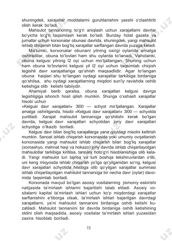 lari, shuningdek boshqa xarajatlar moddalari mavjud bo‘lib, ular nizomda keng yoritil- gan. obyekt tannarxi kalkulatsiya qilinayotganda uning qay darajada aniq bo‘lishi hisobni to‘g‘ri yuritilishiga, xarajatlarning tegishli schyotlarda aks ettirilishiga bog‘liqdir. bunga erishish uchun xarajatlar analitik hisobini to‘g‘ri yo‘lga qo‘yish, xarajatlar bilan bog‘liq, xo‘jalikni yaxshi yo‘lga qo‘yish, 7l shuningdek, xarajatlar moddalarini guruhlanishini yaxshi o‘zlashtirib olish kerak bo‘ladi. mahsulot tannarxining to‘g‘ri aniqlash uchun xarajatlarni davrlar bo‘yicha to‘g‘ri taqsimlash kerak bo‘ladi. bunday holat gazeta va jurnallar uchun korxonalar obunasi davrida, shuningdek, yangi mahsulot ishlab chiqarish bilan bog‘liq xarajatlar sarflangan davrda yuzaga keladi. ma’lumki, korxonalar obunani yilning oxirgi oylarida amalga oshiradilar, obuna to‘lovlari ham shu oylarda to‘lanadi. vaholanki, obuna kelgusi yilning l2 oyi uchun mo‘ljallangan. 5huning uchun ham obuna to‘lovlarini kelgusi yil l2 oyi uchun taqsimlab chiqish tegishli davr xarajatlariga qo‘shish maqsadlidir. agar to‘langan obuna haqlari shu to‘langan oydagi xarajatlar tarkibiga birdaniga qo‘shilsa, shu oydagi xarajatlarning miqdori sun'iy ravishda oshib ketishiga olib kelishi tabiiydir. …