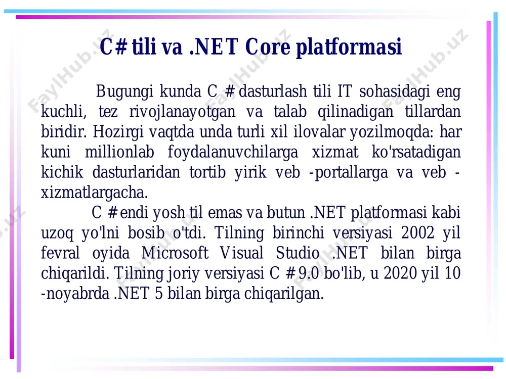 ytgan. balki u haqdir. .net freymvorki ilovalarni yaratish uchun kuchli asos yaratadi. quyidagi asosiy xususiyatlarni ajratish mumkin: .net platformasining roli ko'p tillarni qo'llab-quvvatlashi. asosiy platforma common language runtime (clr) bo’lib, u .net tufayli c# shuningdek, vb.net, c++, f# kabi bir nechta tillarni, shu bilan birga .net bilan bog'langan boshqa tillarning turli “lahjalari”, masalan, delphi.net ni qo'llab-quvvatlaydi. ushbu tillarning ixtiyoriy bittasida yozilgan kod .net platformasi uchun umumiy bo'lgan common intermediate language (cil) tilda kompilyatsiya qilinadi. bu til .net platformasi uchun assembler kabidir. shuning uchun ham ayrim hollarda, turli tillarda bitta ilovaning alohida modullarini yasashimiz mumkin bo’ladi. .net platformasining roli krossplatformalilik. .net platformasini ba'zi cheklovlar bilan turli xil platformalarga ko’cherish mumkin. masalan, hozirgi vaqtda platformaning so'nggi .net 5 versiyasi ko'pchilik zamonaviy windows, macos, linux kabi operatsion tizimlarida qo'llab-quvvatlanadi. .net platformasida turli xil texnologiyalardan foydalanib, c # da turli xil platformalar, ya’ni windows, macos, linux, android, ios, tizen platformalari uchun dasturlar ishlab chiqish …