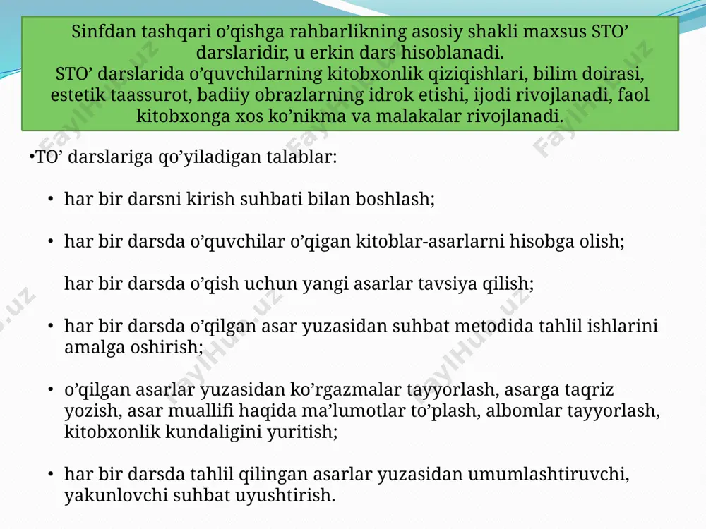 da qayta hikoyalash uning rejasini tuzishga yordam beradi. reja tuzishda o’quvchi hikoyani tarkibiy qismlarga bo’ladi va har qaysi qismdagi asosiy fikrni aniqlaydi. bularning hammasi analitik ish hisoblanadi. keyin sintetik ishga o’tiladi, ya’ni bolalar hikoya qismlariga sarlavha topadilar. o’quvchilar o’qituvchi rahbarligida reja tuzish jarayonida o’qilgan hikoyaning har bir qismida bosh va ikkinchi darajali masala nimalardan iboratligi haqida, qanday qilib fikrni qisqa va aniq ifodalash haqida o’ylaydilar. sarlavha topish ustida ishlash, o’quvchilar topgan sarlavhani jamoa bo’lib muhokama qilish, reja tuzish jarayonining o’zi bolaning fikrlash qobiliyatini faollashtirishi, unda o’z mulohazasini isbotlash, asoslash odatlarini tarbiyalashi lozim. asarni o’qish va tahlil qilish jarayonida tuzilgan reja doskaga yozilsa, hikoya mazmunini izchil qayta hikoya qilishga yordam beradi. reja asosida hikoya qilishning vazifasi mazmunni berilgan izchillikda o’zlashtirishdir. reja asosida qayta hikoyalash o’qituvchi savoligi javob berishga nisbatan asar mazmunini aytib berishning hiyla mustaqil formasidir. o’qilgan asar mazmunini o’zlashtirish ustida ishlashdagi keyingi bosqich, qisqartirib hikoyalash hisoblanadi. qisqartirib hikoyalash uchun 2-3 …