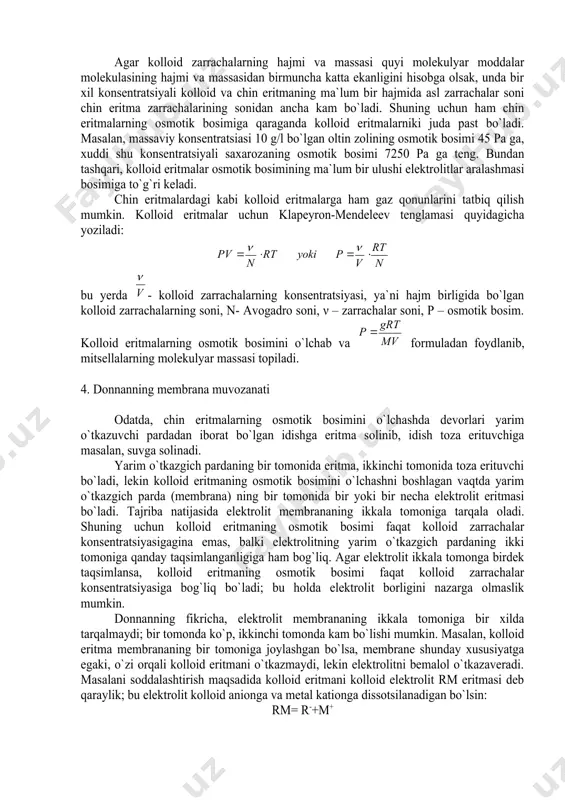modda miqdorini ko`rsatadi va diffuziya koeffitsienti deyiladi. diffuziya jarayonida konsentratsiya o`zgargan sari uning gradienti ham o`zgaradi. u xolda konsentratsiyaning vaqt bo`yicha o`zgarishi fikning ikkinchi qonuni asosida topiladi: diffuziya koeffitsienti uchun eynshteyn tomonidan 1908 yilda quyidagi formula keltirib chiqarilgan: bu yerda n – avogadro soni, r – universal gaz doimiysi, t – mutloq harorat, η – suyuqlikning qovushqoqligi, r – sharsimon zarrachaning radiusi, k – boltsman konstantasi (k=1,3806.10-23 j/grad). formuladan diffuziya tezligining muhit haroratining ko`tarilishi bilan ortishi, muhit qovushqoqligining ortishi bilan esa kamayishini ko`rish mumkin. zarracha radiusi va muhitning qovushqoqligi ma`lum bo`lsa, bu formula yordamida diffuziya tezligini hisoblab chiqarish va, aksincha, diffuziya tezligi ma`lum bo`lganda kolloid zarrachalarning radiusini hisoblab topish mumkin. bu usul zarracha radiusini aniqlashning diffuzion usuli deb ataladi va hozirgi vaqtda kolloid zarrachalarning radiuslarini topish uchun bu usuldan keng foydalaniladi. broun harakati hamda diffuziya hodisasini atroflicha va chuqur o`rganish fluktuatsiya nazariysining yaratilishiga sabab bo`ldi. fluktuatsiya – sistemaning mikrohajmida zichlik, …