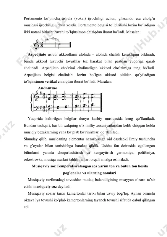 bl-bemol deb yuritiladi. bo’g’inli nomi harfli nomlari asosiy bosqichlar diyez dubl-diyez bemol dubl-bemol do c cis cisis ces ceses re d dis disis des deses mi e eis eisis es eses fa f fis fisis fes feses sol g gis gisis ges geses lya a ais aisis as ases si h his hisis b heses asosiy pog’onalarning yuqorida ko’rsatilgan tartibda ko’tarilish va pasayishiga al’teratsiya deyiladi. diapazon. registr. tovushlar engarmonizmi musiqiy tovushqatorning eng past tovushdan eng yuqori tovushgacha bo’lgan umumiy hajmi musiqiy diapazon deyiladi. inson tovushi yoki cholg’u sozining diapazoni deganda ular ifodalay oladigan umumiy musiqiy diapazon nazarda tutiladi (masalan, fortepiano diapazoni a2 – s5). registr xe "регистр" deb, ovoz yoki cholg’u sozining alohida xarakterga ega bo’lgan tovush tusi bilan ajralib turadigan qismi (bo’lak, parcha)ga aytiladi. umuman olganda; · o’rta registrga - kichik, birinchi va ikkinchi oktavalarni; · yuqori registrga - uchinchi, to’rtinchi va beshinchi oktavalarni; · pastki registrga - subkontroktava, …