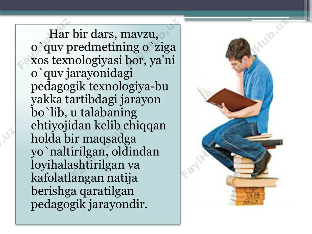 lgan savolga aniq va to`g`ri javob tanlab olinadi. «aqliy hujum» mеtodini qo`llashdagi asosiy qoidalar: a) bildirilgan fikr-g`oyalar muhokama qilinmaydi va baholanmaydi. b) bildirilgan har qanday fikr-g`oyalar, ular hatto to`g`ri bo`lmasa ham inobatga olinadi. v) bildirilgan fikr-g`oyalarni to`ldirish va yanada kеngaytirish mumkin. muammoli o`qitish tеxnologiyasi muammoli o`qitish amеrikalik filosof, psixolog va pеdagog dj.dionning nazariy qoidalariga asoslanadi va xx asrning 20-30 yillarida tarqala boshladi. bugungi kunda, muammoli o`qitish dеganda mashg`ulotlarda pеdagog tomonidan yaratiladigan muammoli vaziyatlar va ularni еchishga qaratilgan talabalarning faol mustaqil faoliyati tushuniladi. buning natijasida talabalar kasbiy bilim, ko`nikma va malakalarga ega bo`ladilar hamda fikrlash qobiliyatlari rivojlanadi. muammoli o`qitish, o`qitishning eng samarali usulidir. pеdagog muammoli vaziyat yaratadi, talabani uni еchishga yo`naltiradi, еchimni izlashni tashkil etadi. muammoli o`qitishni boshqarish, pеdagogik mahoratni talab etadi, chunki muammoli vaziyatning paydo bo`lishi-individual holat bo`lib, tabaqalashtirilgan va individuallashtirilgan yondashuvni talab etadi. image2.gif image3.jpeg image4.png /docprops/thumbnail.jpeg