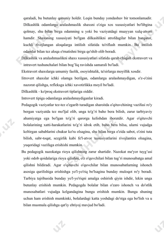. tarbiya tajribasida bunday yo'l-yo'riqni amalga oshirish qiyin ishdir, lekin unga butunlay erishish mumkin. pedagogda bolalar bilan o'zaro ishonch va do'stlik munosabatlari vujudga kelgandagina bunga erishish mumkin. bunga shuning uchun ham erishish mumkinki, bolalardagi katta yoshdagi do'stga ega bo'lish va u bilan muomala qilishga qat'iy ehtiyoj mavjud bo'ladi. adabiyotlar: 1. o'zbekiston respublikasi «tatlim to'g’risida»gi qonun. barkamol avlod-o'zbekiston taraqqiyotiniig poydevori. -t. 1997. 2. azizxo’jayeva n.n. pedagogik texnologoya va pedagogik mahorat. t. 2003. 3. musurmonova o. ma’naviy qadriuatlar va yoshlar tarbiyasi. t. 1996
