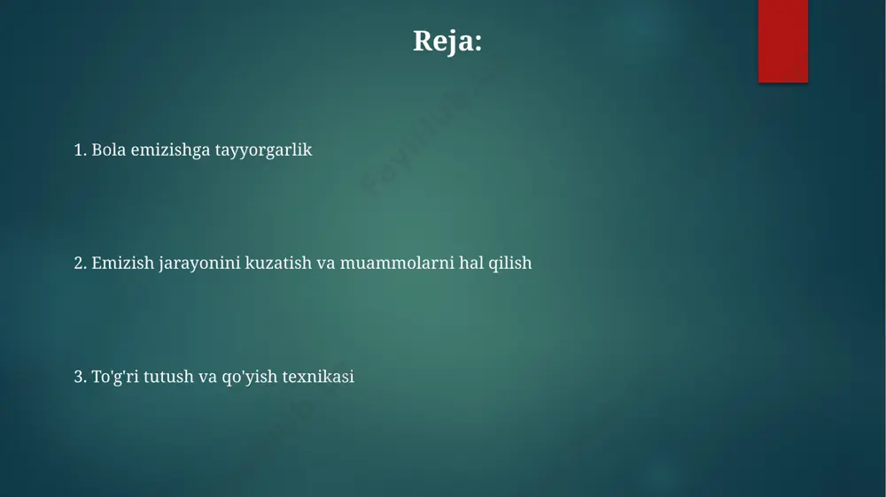 am beradi. og'izni ochishga yordam berish jarayonida chaqaloqning boshini emizik tomon biroz egish, 5-10 graduslik burchak bilan, uning og'zini ochishi va to'g'ri tutashishi uchun qulay sharoit yaratadi. chaqaloqning burun uchi emizikka tegsa, u to'g'ri tutashmaganligini bildiradi. bunday holatda, chaqaloqni to'g'ri tutashguncha, ya'ni 30-40 daraja burchak ostida, emizikni og'ziga to'liq qabul qilguncha yumshoq harakatlar bilan yordam berish kerak. to'g'ri gavda holati ona o'zining orqa tomonini to'g'rilab, oyoqlarini yelka kengligida yoyib, chaqaloqni qulay holatda ushlab turishi kerak, bu esa sut oqimini yaxshilaydi. to'g'ri gavda holati chaqaloqni 30-45 daraja burchak ostida, ona tanasiga yaqin joylashtirilgan holda, uning boshini va tanasini bir xil tekislikda ushlab turishni o'z ichiga oladi. chaqaloqning boshini va tanasini qo'llab-quvvatlash uchun ona qo'llarini strategik ravishda joylashtirishi, 15-20 daraja burchak ostida yordam berishi lozim. bola ko'krakni yaxshi usulda ushlashiga yordam berish agar bola ko'krakni yaxshi ushlamasa, 90 daraja burchak ostida ushlashga yordam bering, ko'krak qafasini qo'llab-quvvatlang va bolaga qulay pozitsiyani ta'minlang, …