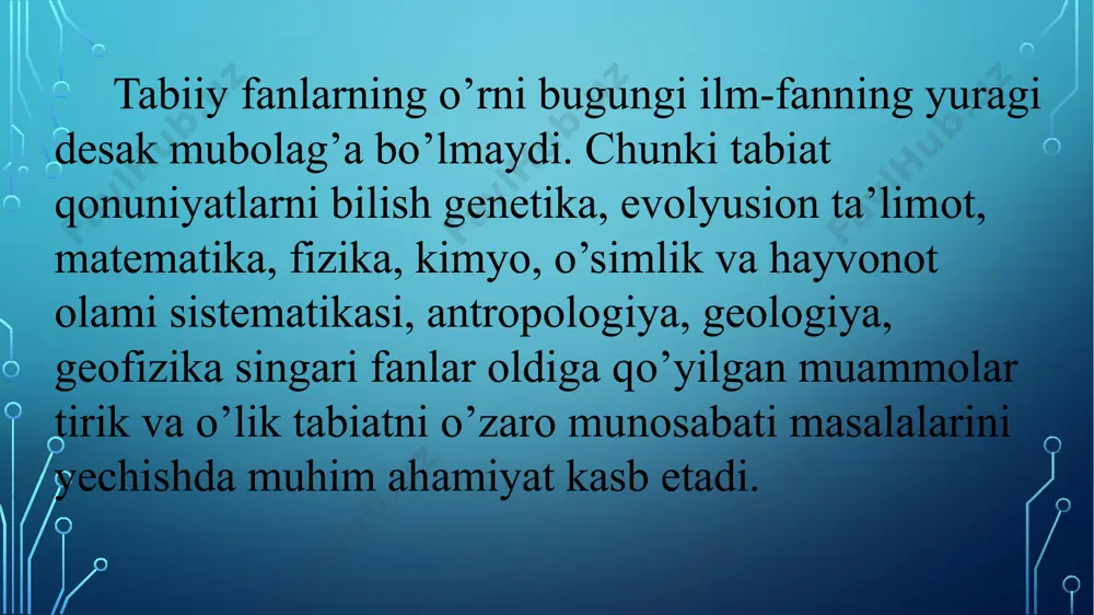 a, biologiya, fizika (6-sinfdan boshlab), kimyo (7 sinfdan boshlab) fanlarini oʻzida birlashtiradi. «tabiiy fan o‘quvchiga fanlarni o‘qish qiyin emas, qiziq bo‘lishiga yordam beradi...» - tabiiy fan (science) amalga kiritilishidan oldin xalqaro amaliyot, o‘zbekistonda faoliyat olib borayotgan xususiy va xorijiy maktablar tajribasi o‘rganildi. - yangi fan o‘quvchilarni kichik yoshidan tabiiy fanlarni o‘qishga rag‘batlantirish, ularda olam haqida yaxlit tasavvur paydo qilishga yordam beradi. buning bilan bola tabiiy fanlar, jumladan fizika va kimyo qiyin emas, qiziq fanlar ekanini anglaydi va uni o‘rganishga o‘zida rag‘bat sezadi. - tabiiy fan (science) qaysidir fandan voz kechish yoki qaysidir fanning o‘rniga joriy etilayotgani yo‘q. aksincha, u ta'lim sifatini oshirish uchun mavjud fanlarni integrativ tarzda o‘qitilishini ta'minlaydi. tabiatda yuz berayotgan hodisalarni, masalan, yomg‘ir hodisasini o‘rganish jarayonida bola uning tarkibi (biologiyaga oid tushunchalar), fizik xususiyatlari, qaysi fasllarda va qayerlarda ko‘proq yog‘ishi (geografik xususiyati), yomg‘ir ta'sirida yerda qanday o‘zgarishlar bo‘lishi, o‘simliklar uchun foydasi haqida ma'lumotga ega bo‘ladi. - mazkur fan …