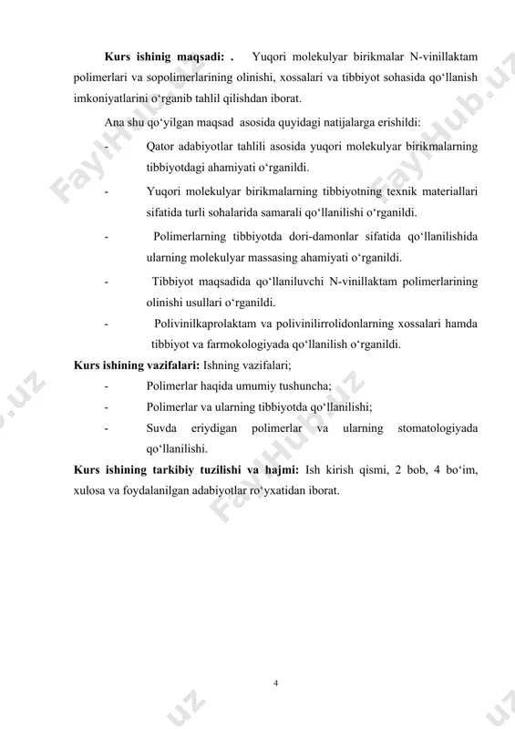 arkibiy tuzilishi va hajmi: ish kirish qismi, 2 bob, 4 bo‘im, xulosa va foydalanilgan adabiyotlar ro‘yxatidan iborat. i.bob.radikal polimerlanish. termik, fotokimyoviy, radiatsion, kompleks-radikal polimerlanish. radikal polimerlanish. termik, fotokimyoviy, radiatsion, kompleks-radikal polimerlanish radikal polimerlanishda aktiv markaz juftlanmagan bir yoki ikki elektron, ya'ni erkin radikal ta'sirida vujudga keladi. erkin radikallarda juftlanmagan elektron borligi tufayli ular har xil monomerlar bilan reaksiyaga shiddatli kirishadi va natijada o ‘sish qobiliyatiga ega bo‘lgati aktiv markaz hosil bo‘ladi1 polimerlanish reaksiyasi qizdirish yo‘li bilan olib borilganda termik polimerlanish sodir bo‘ladi va aktiv markazning paydo boiishi asosan quyidagieha boradi:. buning natijasida monomer molekulasi biradikalga aylanib, o‘sish reaksiyasi biradikalning ikkala tomoni bo‘ylab davom etadi biroq, bunday termik polimerlanish reaksiyasi avval juda sust borib, temperatura ko‘tarilishi bilan ancha tezlashadi. ba’zi monomerlar esa, jumladan, vinilatsetat, vinilidenxlorid, akrilonitril va shunga o ‘xshashlar issiqlik ta’sirida mutlaqo polimerlanmaydi. stirol, metilmetakrilat va ularning hosilalari qizdirilganda ancha tez polimerlanadi. nur energiyasi ta’sirida polimerlanish fotokimyoviy polimerlanish deyilib, bunda …