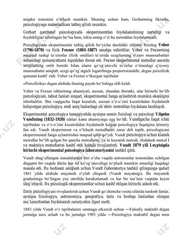 rimental psixologiya fani ham o‘zining rivojlanish tarixiga egadir. eksperimental psixologiya mustaqil fan sifatida xix asr o‘rtalarida rivojlana boshladi. psixologiyada eksperimental tadqiqotlarni qo‘llanilishi va rivojlanishi bu fanning ilmiy-amaliy asosga ega ekanligini yana bir bor ko‘rsatib berdi. mashhur ingliz olimi f.gal‘ton 1884 –1885 yillar davomida bir necha seriyalardan iborat tajribalar o‘tkazdi. bunda 5 dan 80 yoshgacha bo‘lgan hoxlovchilar arzimagan haq evaziga laboratoriyada o‘z kuchi, reaktsiya tezligi; organizmning xislatlarini 17 ko‘rsatkich bo‘yicha tekshirishlari lozim edi. bu ko‘rsatkichlar qatoriga shuningdek, bo‘yi, oq‘irlik, o‘pkaning tiriklik siq‘imi, kaft va musht kuchi, harflarni eslab qolish qobiliyati, ko‘rish o‘tkirligi, rangni farqlash kabi ko‘rsatkichlar ham kiritildi. to‘liq dastur bo‘yicha hammasi bo‘lib 9337 kishi tekshirilib chiqildi. f.galtonning fikriga ko‘ra, testni o‘tkazish eksperimentni talab etadi. shunday qilib, eksperiment fanning haqiqiy asosi, poydevori deb qarala boshlandi. bu haqida dj.kettell ham ta‘kidlab o‘tgan: qachonki asosini eksperiment va o‘lchash, aniqlash tashkil qilar ekan, shundagina psixologiya haqiqiy va aniq fan bo‘lishi mumkin. 1890 yilda nashr …
