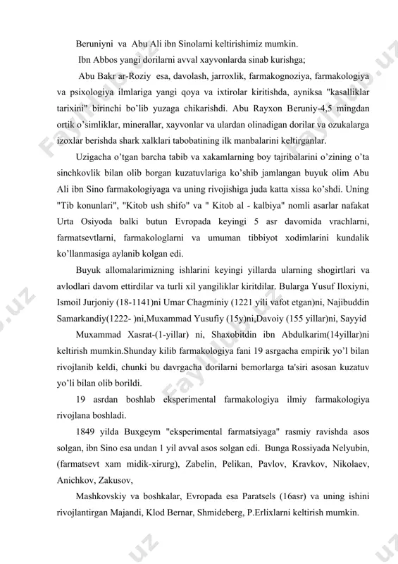 , jarroxlik va boshkalar bilan chambarchas boqlangan. shuning uchun xam farmakologiya orkali nazariy bilimlar amaliy tibbiyotdan o’rin oladi va kaysi soxa va yo’nalishda o’z ta'sirini ko’rsatishiga karab turli xil yo’nalishlarini yuzaga chikaradi: bioximik farmakologiya, klinik farmakologiya, immuno farmakologiya, molеkulyar farmakologiya, xronofarmakologiya, vеtеrеnar farmakologiya va b.q. farmakologiya kaysi yo’nalishda bo’lishidan kattiy nazar uning an'anaviy va asosiy mazmunini vazifasini farmakodinamika va farmakokinеtika tashkil etadi.farmakodinamika dеb dori moddalarining organizm bilan bo’ladigan turli xildagi ta'sirlarini o’rganishga aytiladi. masalan: adr. kon bosimiga ta'siri va b.q. farmakokinеtika esa dorilarning so’rilishini ularni va ular-ning mеtobolitlarini organizmdagi xarakatini, to’kima va suyukliklardagi konts-yasini xamda ularning organizmdan chikib kеtishini o’rganadi. farmakokinеtikaning ma'lum kismini biofarmatsiya orkali o’r-ganiladi va olingan ma'lumotlarni farmakologik-mеtodologik fikr-lash orkali yuzaga chikariladi. shu bilan birga farmakologiya dorilarning organizmga ta'sir mеxanizmini o’rgatadi, xamda yangi dorilarni izlash, o’rganish va ularni turmushga tadbik etish yo’lyo’riklarini o’rgatadi. farmatsеvtika institutida va turli oliygoxlarning farmatsеvtika fakultеtlarida provizorlar tayyorlashda farmakologiyaning o’ziga xos axamiyati bor. buni …