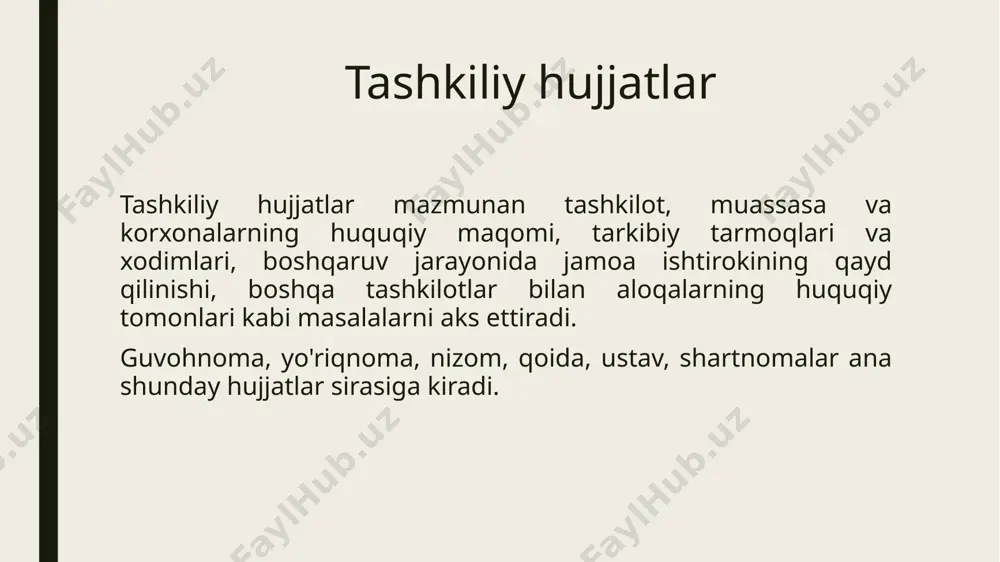 hkilot, m uassasaning tuzilishi, vazifasini yo'naltirib turadigan asosiy nizom va qoidalar majmuidir. ustav biror organ yoki muassasa vazifalari va huquqiy holatini tavsiflaydigan m e’yoriy ahamiyatga ega. binobarin, ustav nizomga nisbatan keng tushunchadir. u ko'proq m a’lum bir tarm oq, sohalar, yirik muassasalar bo'yicha tuziladi. chunonchi, davlat nashriyotlari bo'yicha namunaviy ustav qabul qilingan, shu asosda har bir nashriyot o'z nizomini qabul qiladi. shartnoma ikki yoki undan ortiq tom onlarning fuqarolik huquqlari va majburiyatlarini belgilash, o'zgartirish yoki bekor qilish haqidagi kelishuvidir. boshqacha qilib aytganda, shartnoma tomonlarning biron-bir munosabatlar o'rnatish haqidagi kelishuvi (bitimi)ni qayd etuvchi va munosabatlarni tartibga soluvchi hujjatdir. shartnoma to'g'risidagi umumiy qoidalar o'zbekiston respublikasining fuqarolik kodeksi (353-385-moddalar)da bayon etilgan. shartnoma davlat yoki nodavlat, jamoat tashkilotlari, korxonalar, muassasalar, shuningdek, fuqarolar o'rtasida tuzilishi mumkin. shartnoma munosabatlari muassasa bilan ayrim shaxs yoki shaxslar o'rtasida o'rnatilayotgan bo'lsa, bunda tuzilajak hujjat aksar hollarda mehnat bitimi deb ataladi. shartnomada tomonlar bajarishi lozim bo'lgan shartlar va boshqa majburiyatlar …