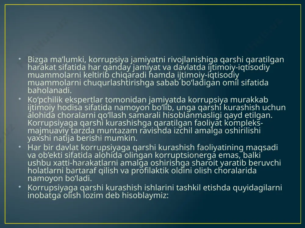 dir etilgan ishonchni suiste’mol qilish” mansabdorlik jinoyatlari hisoblanishi belgilab qo‘yilgan. 1985 yil kanadada davlat xizmatchilarining xizmat vazifalari va shaxsiy manfaatlari o‘rtasidagi ziddiyat yuzaga kelgan holda ular amal qilishi shart bo‘lgan xulq-atvor qoidalarini o‘zida mujassam qilgan kodeks qabul qilingan. kanadalik qonun ijodkorlarining fikriga ko‘ra, ushbu qonunlardan ko‘zlangan maqsad – davlat apparati va davlat xizmatchilarining halolligiga jamiyatning ishonchini oshirishga qaratilganligini qayd etishadi. davlat xizmati tizimida korrupsiyani oldini olish, unga qarshi kurashish va barham berish maqsadida frantsiyada xx asrning 90 yillarida saylangan barcha davlat xizmatchilari va korrupsiya ta’siriga berilishi mumkin bo‘lgan jamoat xizmati kadrlariga o‘z mol-mulki va daromadlari haqida tegishli davlat idoralariga ma’lumot berish majburiyatini yuklash to‘g‘risida qaror qabul qilingan shuningdek, davlat apparati yuqori martabali xodimlarining daromadlari va mol-mulki haqidagi deklaratsiyalar keng miqyosda oshkor etilishini ta’minlaydigan huquqiy va tashkiliy asoslar qonun ijodkorligi asosida yaratilgan. korrupsiyani oldini olishning nazariy poydevori “ta’lim, xabardorlik va targ‘ibot” (education, awareness and advocacy) tamoyillariga asoslanib, amaliy tomondan esa “samaradorlik, …