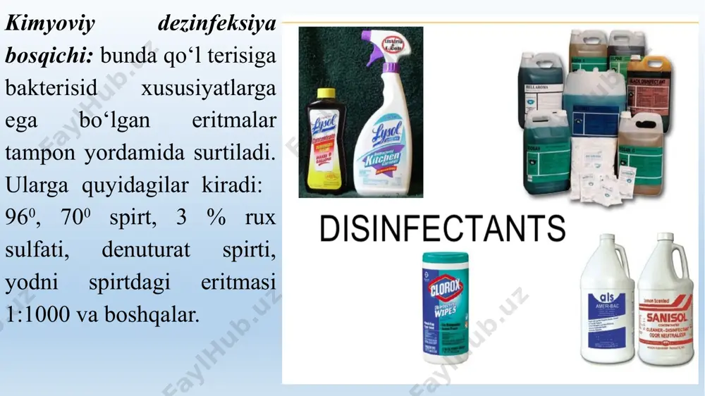 ‘llash jarroxlik operatsiyasini aseptik holatida o‘tishiga birontasi to‘liq kafillik berolmaydi. aseptika sifatini ko‘tarish uchun rezinadan yasalgan yupqa xirurgik qo‘lqopni albatta ishlatish zarur. qo‘lqoplar qaynatish usuli bilan sterilizasiya qilinadi. qo‘lqoplarning dezinfeksiyasi uchun 2 % xloramin eritmasi (15 daqiqa), 1:500 sulema eritmasi (30 daqiqa) 1:1000 bakterisid eritmasi (15 daqiqa) 2 % xlorasid eritmasi (15 daqiqa) qo‘llaniladi. qo‘lqoplarni ishlatishdan oldin uning butunligini tekshirish kerak. qo‘lqopni qo‘lga kiyishdan oldin yuqorida keltirilgan usullardan birortasini ishlatib, qo‘lni tozalash albatta zarur, chunki operatsiya vaqtida tasodifan qo‘lqopning butunligini jarroxlik asbobi yoki boshqa narsa yirtib, u yerda to‘plangan “qo‘lqop suyuqligi” (teri bezlaridan ajralib chiqqan ter, yog’ ularning tarkibida ko‘p miqdorda turli mikroorganizmlar bo‘ladi) operatsiya loirasiga tushib ifloslantirishi mumkin. mabodo operatsiya vaqtida qo‘lqopning butunligi buzilsa, tezlik bilan uni boshqa butuniga almashtirish shart. operatsiya maydonchasini tayyorlash operatsiya maydonini tayyorlash katta ahamiyatga ega, chunki hayvon terisi va junlarining oralig’ida juda ko‘p begona jismlar, iflosliklar, mikroblar mavjud va ular operatsiya vaqtida jarohatga tushishi …