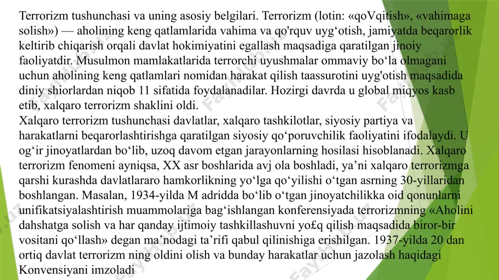 rqaror rivojlanishini xavf ostida qoldiradi. shakllanib, keng tarmoq otgan terrorizmga qarshi kurashda kuch ishlatmagan davlatlar zaiflashib, o‘z xalqi va mamlakati osoyishtaligi va barqaror rivojlanishini xavf ostida qoldiradi. ekstremizm va terrorizm bir-biri bilan bog‘liq bo‘lgan yagona jarayonning birin-ketin rivojlanadigan bosqichlaridir. shunday ekan, terrorizm global miqyosga chiqqan hozirgi sharoitda, davlat unga qarshi kurashda ichki va tashqi omillarning ta’sirini hisobga olgan holda, muvozanatlashtirilgan strategiyani ishlab chiqishi kerak. shu nuqtayi nazardan qaraganda, 0 ‘zbekiston respublikasi o‘z taraqqiyotining o‘ziga xos jihatlarini, haligacha terrorizm, narkobiznes, noqonuniy qurol-yarog‘ savdosi kabi qator tahdidlar mavjud bo‘lgan markaziy osiyodagi kuchlar nisbatini h iso b -. ga olib, ishlab chiqqan ichki va tashqi siyosati alohida ahamiyatga molikdir. ekstremizm va terrorizmga qarshi kurashning ushbu strategiyasida mamlakatimizning xalqaro hamkorlik dasturlarida, davlatlarning terrorizmga qarshi kurashdagi sa’y-harakatlarini birlashtirishda faol ishtirok etishini ta’minlash maqsadlari o‘z ifodasini topgan. bu sohada o‘zbek tashqi siyosatining negizini o‘z kuchlarini hozirgi davrning asosiy tahdidi bilan qarshi kurashga yo‘naltirishga tayyor barcha davlatlar …