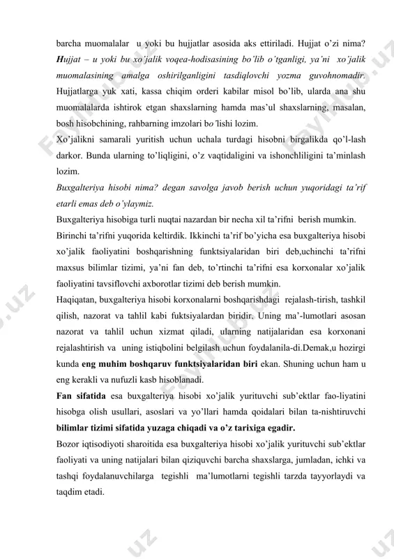 ki u rejalashtirish va qarorlar qabul qilish, nazorat va rahbarning e’tiborini jalb qilish, faoliyatga baho berish hamda uni sharhlash, auditorlik tekshiruvidan o’tkazish kabilarni qamrab oluvchi keng miqyosdagi faoliyat bilan shug’ullanmog’i lozim ekan. zamonaviy buxgalter u tayyorlagan axborotdan foydalanuvchilarning barchasining, ular ichki yoki tashqi bo’-lishidan qat’iy nazar, talablarini qondirishi kerak ekan. bu jihatdan b.nidlz, х.anderson, d.kolduelllarning “printsipo’ buxgalterskogo uchyota” nomli kitobida keltirilgan quyidagi ta’rif eng ma’qulidir: buxgalteriya hisobi ma’lum bir xo’jalik yurituvchi sub’ekt to’g’risidagi mo-liyaviy axborotlarni o’lchash, qayta ishlash va moliyaviy hisobot ko’rinishida taqdim etish tizimidir. ushbu ta’rifning mohiyatini yoritishga harakat qilamiz. buxgalteriya hisobi xo’jalik faoliyati va u bilan bog’liq qarorlarni qabul qiluvchi shaxslar o’rtasida bog’lovchi vosita bo’lib xizmat qiladi: · u xo’jalik faoliyatini uni qayd etish orqali o’lchaydi. masalan, mahsulot sotish muomalasini amalga oshirish uchun yuk xati rasmiylashtiriladi va u maxsus qayd qilish kitobida ro’yxatdan o’tkaziladi. yuk xatini rasmiylashtirish paytidaxaridor, muomala amalga oshirilayotgan sana, sotilayotgan mahsulot, uning miqdori, narxi va …
