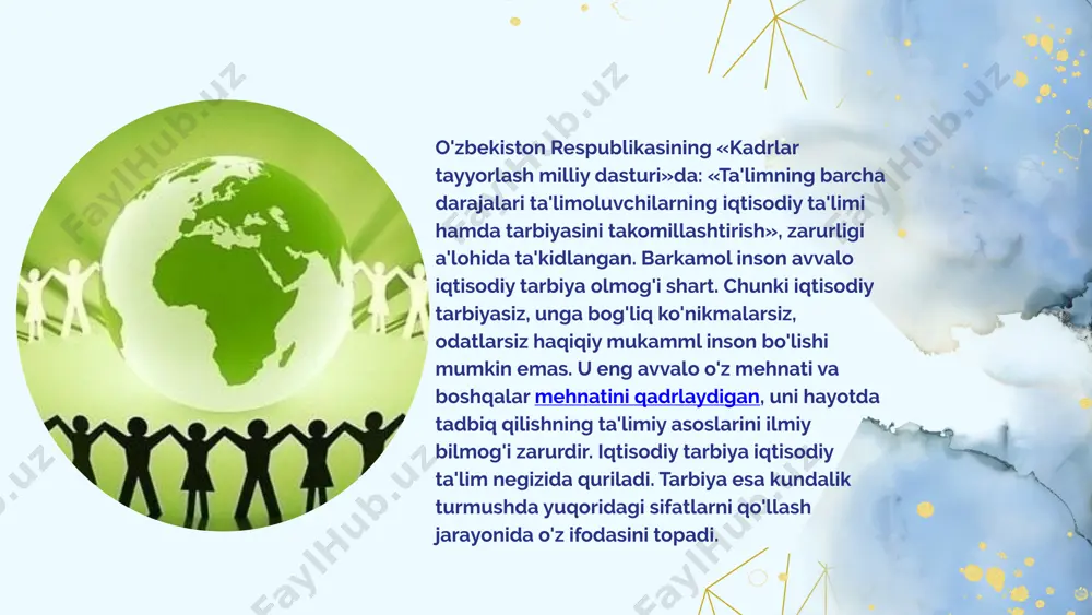 olmaydi. ular tabiat haqida kuyunuvchilar bo`lsayam qilayotgan ishlari bunga ziddir. ajdodlarimiz bola tarbiyasi masalasiga alohida e’tibor berishga va bu borada ibratli an’analarni vujudga keltirishgan. e’tiboriz uchun rahmat! image1.png image2.png image3.svg image4.png image5.png image6.png image7.svg image8.png image9.png image10.png image11.png image12.png image13.png image14.png /docprops/thumbnail.jpeg