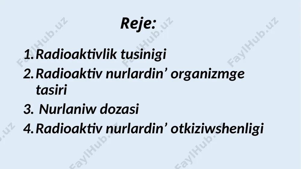 oǵala baradı, qan tamırları, ásirese, kapilyar qan tamırları mort bolıp qaladı, awqat as sińiriw aǵzalarınıń iskerligi buz'ladı, adam azib ketedi hám organizmdiń sırtqı juqpalı keselliklerge qarsı gúresiw qábileti azayadı. radioaktiv elementlerdin’ qolǵa tásir etiwi basta sezilmeydi,waqıt ótiwi menen qol tartilatugin bolıp qaladı, ol jaǵdayda jarılıwlar gúzetiledi, tırnaqlar túsip ketedi nurlaniw dozasi birlik massasi tarepinen jutqan dozaga salistirg’anda alinadi yagniy 1grat-1j/kg. nurlaniw qansha tigiz bolsa ol halda ol sonsha biologiyaliq tasir etedi.har bir nurlaniwdin sapa korsetkishi bar .sapa korsetkishine qaray onin’ tasir effekti da joqari boladi. aam organiziminde nurlaniwdi o’lshew ushin ekvivalent dozasinan paydalaniladi. radioaktiv nurlardin otkiziwshenligi alfa nurlaniwi nurlanadi: eki proton ham eki neytron o’tiwshenligi: to’men nurlaniw uzinligi: 10sm shekem nurlaniw tezligi: 20 000 km/s biologiyaliq tasiri: joqari alfa nurlaniwi –geliy yadrosinin’ agimi beta nurlaniwi nurlanadi: elektronlar ham pozitronlar o’tiwshenligi: ortasha nurlaniw uzinligi: 20 m ge shekem nurlaniw tezligi: 300 000 km/s biologiyaliq tasiri: ortasha beta nurlaniwi – elektronlar agimi …