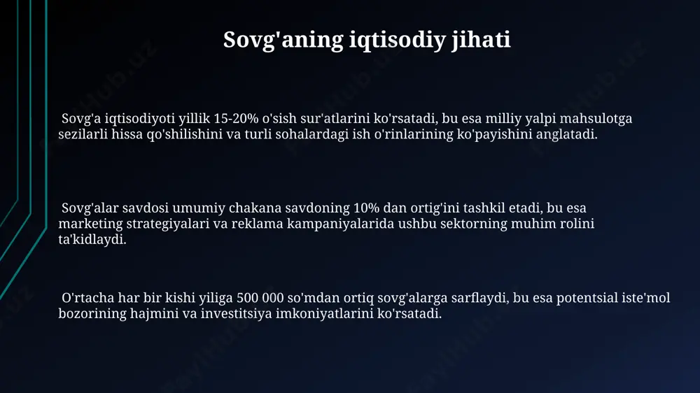 gi hisoblanadi va salbiy munosabatlarni keltirib chiqarishi mumkin. qimmatbaho sovg'alarni taqdim etishda rasmiyatchilikka rioya qilish muhim, masalan, 10% dan ortiq qimmatbaho sovg'a taqdim etish korruptsiyaga olib kelishi mumkin. yetti asosiy konsepsiya "iqtisodiy taraqqiyot" konsepsiyasi, yetti asosiy konsepsiyaning muhim qismi bo'lib, 2030-yilga qadar yalpi ichki mahsulotning 15% ga o'sishi kabi aniq maqsadlarni o'z ichiga oladi. yetti asosiy konsepsiya ichida "ijtimoiy adolat" 5 ta asosiy ko'rsatkich, jumladan, tenglik va imkoniyatlar tengligi orqali o'lchanadi. yetti asosiy konsepsiyaning 7 ta elementidan biri, xususan, "ma'naviy meros" tushunchasi, avlodlar o'rtasidagi uzluksizlikni ta'minlashga qaratilgan 3 ta asosiy qadriyatga asoslanadi. sovg'a tanlash mezonlari sovg'aning amaliyligi va foydaliligini baholovchi 4 balllik shkala yordamida baholash, uning uzoq muddatli foydasini hisobga olish muhim ahamiyat kasb etadi. byudjetni aniqlash va unga mos keladigan 5-10 ta sovg'a variantidan eng mosini tanlash samarali natijalarga olib keladi, narx sifat nisbatini tahlil qilish kerak. sovg'a tanlashda qabul qiluvchining yoshi, qiziqishlari va shaxsiy xususiyatlarini hisobga olish juda …