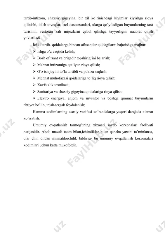 ular chin dildan minnatdorchilik bildirsa- bu umumiy ovqatlanish korxonalari xodimlari uchun katta mukofotdir. фойдаланилган адабиётлар: 1. ўзбекистон республикасининг «туризм тўғрисида» ги қонуни, ўзбекистоннинг янги қонунлари. тошкент, адолат, 2000. 2. ўзбекистон республикаси президентининг «ўзбектуризм миллий компаниясини ташкил қилиш тўғрисида»ги фармони. №пф-447. халқ сўзи, 1992, 22. 3. ўзбекистон республикаси президентининг 1995 йил 2 июндаги 1162 рақамли ««буюк ипак йўли»ни қайта тиклашда ўзбекистон республикасининг иштирокини авж олдириш ва республикада халқаро туризмни ривожлантириш борасидаги чора-тадбирлар тўғрисида»ги фармони. халқ сўзи. 1995. 3-июн. 4. ўзбекистон республикаси президентининг «ўзбекистон республикасида 2006-2010 йилларда хизмат кўрсатиш ва сервис соҳасини ривожлантиришни жадаллаштириш чора-тадбирлари тўғрисида»ги 325- сонли қарори, 17- апрел 2006. 5. алиева м.т., ҳасанов а.г. организация туристических маршрутов. тошкент, 2007. 6. ахмадхўжаев х., мамарасулов х., мадиёров ф. маркетинг тадқиқотлари. тошкент, 2002.