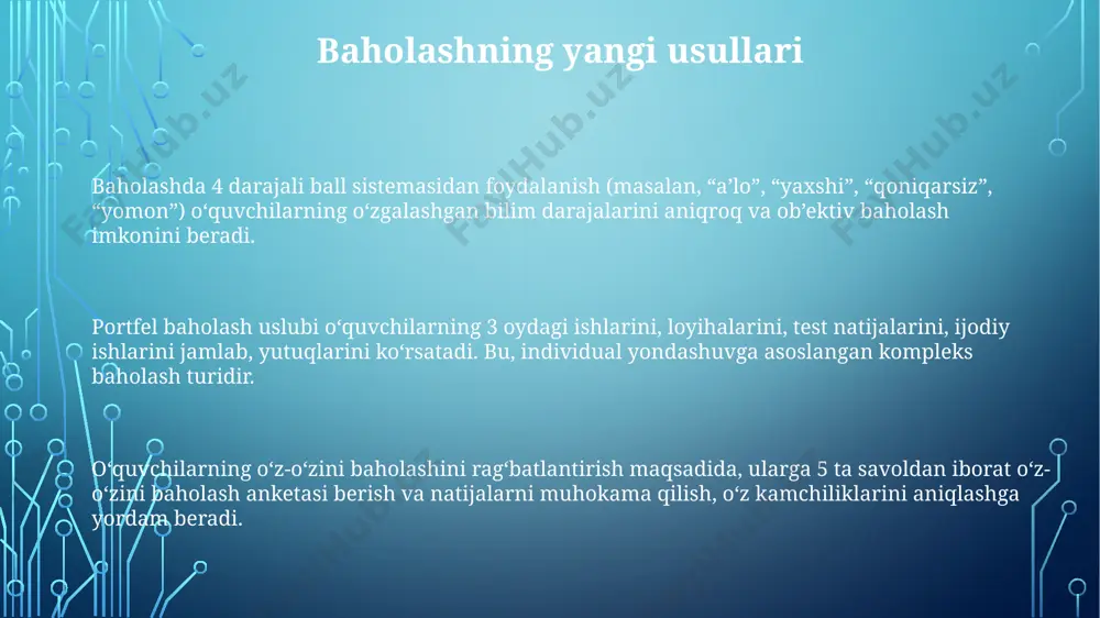 h, jumladan, interaktiv doskalar va simulyatsiyalar, murakkab mavzulardagi tushunchalarni 30% ga yaxshiroq o'zlashtirishga yordam beradi va o'quvchilarning faol ishtirokini ta'minlaydi. onlayn ta'lim platformalari, masalan, google classroom yoki moodle, o'quvchilarga 24/7 kirish imkonini beradi va 50 dan ortiq turdagi o'quv resurslarini taqdim etadi, bu esa individual yondashuvni ta'minlaydi. axborot-kommunikatsiya texnologiyalari (akt) dan foydalanish o'quv jarayonini 20% ga tezlashtiradi va o'quvchilarning bilim olish samaradorligini 15% ga oshiradi, shuningdek, interfaol o'yinlar orqali bilimni mustahkamlaydi. o'qituvchining professional rivojlanishi o'qituvchilarning professional rivojlanishiga 50% dan ortiq vaqtini o'z ustida ishlashga, yangi pedagogik texnologiyalarni o'rganishga bag'ishlashi samaradorlikni 20% ga oshiradi. kamida 3 ta turli xil professional rivojlanish dasturlarida ishtirok etish o'qituvchining didaktik ko'nikmalarini 35% ga yaxshilashi mumkin. portfolio tuzish va unda kamida 10 ta innovatsion loyiha va pedagogik tajribalarni aks ettirish o'qituvchining malakasini isbotlashga yordam beradi. o'quvchilarning ijodiy qobiliyatlarini rivojlantirish ijodkorlikni rivojlantirishda "miyaning bo'roni" (brainstorming) usuli 5 tadan ortiq g'oya generatsiya qilish imkonini berib, o'quvchilarning fikrlash jarayonini …