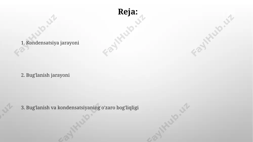 l rejimini belgilaydi. bug'lanish va kondensatsiya yer yuzidagi suv aylanishining asosiy jarayonlari bo'lib, dunyoning 70% dan ortiq qismini qoplagan okeanlarda 360 mln km³ suvning doimiy aylanishini ta'minlaydi. bug'lanish va kondensatsiyaga oid muammolar buxoro viloyatining qurg'oqchil hududlarida 40°c dan yuqori haroratlarda suv bug'lanishining tezlashuvi tuproqning sho'rlanishiga va 10% gacha hosilning kamayishiga olib keladi. namlikning 80% dan yuqori bo'lgan, masalan, toshkentdagi to'qimachilik korxonalarida, kondensatsiya natijasida jihozlarning zanglashi va ishdan chiqishi 5% gacha ish vaqti yo'qotishlariga sabab bo'ladi. namlikning ta'siri tog'li hududlarda, masalan, farg'ona vodiysidagi tog'larda, namlikning pastligi tufayli bug'lanish pasttekisliklarga nisbatan ancha yuqori bo'ladi, bu esa tuproqning qurib qolishini tezlashtiradi. namlik miqdori bugʻlanish tezligiga sezilarli ta'sir ko'rsatadi: 90% namlikdagi toshkentda suv 10% namlikdagi samarqandga nisbatan ancha sekinroq bug'lanadi. kondensatsiya jarayoni kondensatsiya jarayoni sanoatda ham qo'llaniladi, masalan, neftni qayta ishlash zavodlarida, taxminan 150°c haroratli bug'dan suv hosil qilishda, bu jarayon energiyani tejashga yordam beradi. o'zbekistonning tog'li hududlarida, 2000 metr balandlikda, havoning sovib ketishi …