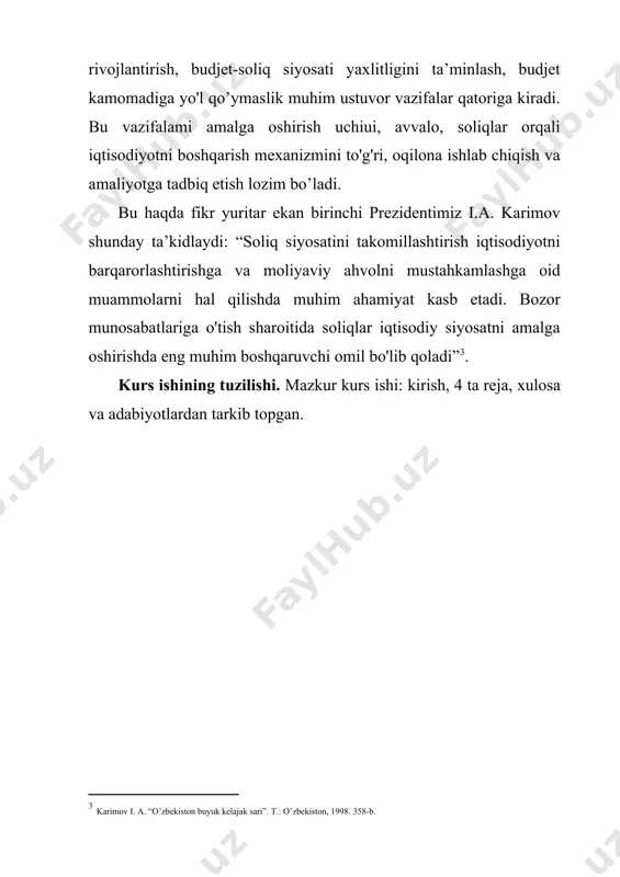 tomonidan ko‘rsatilgan xizmatdan muayyan foyda (naf) ko‘rilishi bilan bog‘liqdir. davlatga to‘lanadigan soliqlar bilan uning evaziga olinadigan iqtisodiy va ijtimoiy ne’matlar o‘rtasida bevosita, har bir kishining ko‘zi ilg‘aydigan bog‘liqlikning yo‘qligi soliq to‘lovchilar soliqqa tortishni yuk sifatida baholashlari uchun caba6 bo‘ladi, vaholanki, ular soliqlar hisobidan qilinadigan davlat xarajatlarining yo‘nalishini ma’qo‘llashlari ham mumkin. alohida olingan soliq to‘lovchi odatda jamiyat va o‘zining ko‘rgan foydasi yoki manfaatini to‘lagan soliqlari bilan solishtirib o‘tirmaydi. bu shunga olib keladiki, oqibatda fuqarolarning bir qismi soliqlar to‘lashdan bo‘yin tovlashga, o‘z daromadlarini yashirishga urinadi. davlat o‘z fuqarolaridan yig‘ib olgan soliqlarni samarali va oshkora tarzda ishlatsa hamda fuqarolarning aksariyat qismi davlatning iqtisodiy, ijtimoiy va boshqa dasturlarini o‘z mablag‘lari hisobidan pul bilan ta’minlashga rozi bo‘lgandagina yuksak soliq ahloqi tamoyillari tantana qiladi. 2. soliqlar majburiy to‘lovlar hisoblanadi. soliqlarning to‘la va o‘z vaqtida to‘lanishi uchun javobgarlik soliq to‘lovchilar zimmasiga yuklangan bo‘lsa-da, ular ixtiyoriy emas, majburiy ravishda to‘laydilar, davlat soliq to‘lashdan bo‘yin tovlaganlarni qattiq jazolaydi. 3. …