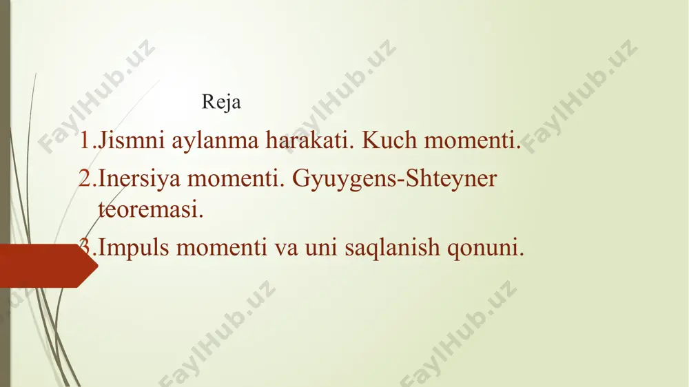 i m = 0. bu holda formulamiz quyidagi ko'rinishni oladi. =0 agar o‘zgarmas kattalikning hosilasigina nolga teng bo‘lishini nazarda tutsak =const bu — impuls momentining saqlanish qonunidir. yopiq sistemada impuls momenti saqlanadi, ya’ni vaqt o‘tishi bilan o'zgarmaydi.impuls momentining saqlanish qonuni tabiatning fundamental qonunidir nazorat savollar: aylanma harakatga misollar keltiring. kuch momenti deb nimaga aytiladi? inersiya momenti deb nimaga aytiladi? adabiyotlar. 1.абдурахманов к.п, эгамов у , “физика” дарслик, тошкент, 2010. 2. абдурахмонов у, боймуратов ф.т, бегматова д.а. “ физика” фанидан ўқув услубий мажмуа,тошкент, 2016. 3. douglas c. giancoli. physics: prinsiples with applications, prentiсе hall; 7th edition , 2004. e’tiboringiz uchun rahmat image1.png image2.gif image3.jpeg image4.jpeg image5.jpeg image6.gif image2.png image3.png image7.gif image8.gif image9.gif image10.gif image11.gif image5.png image6.png image70.png /docprops/thumbnail.jpeg