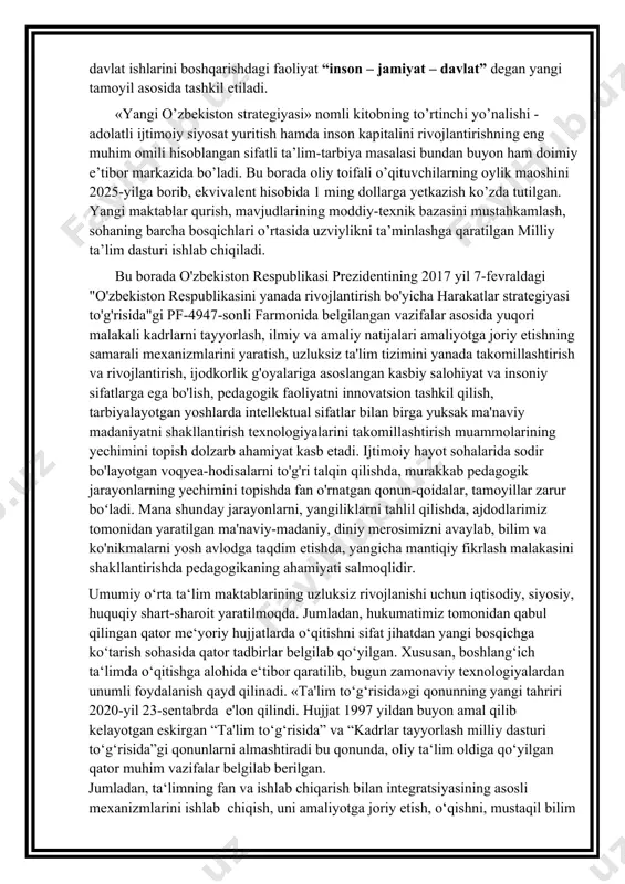 qo‘yilgan. xususan, boshlang‘ich ta‘limda o‘qitishga alohida e‘tibor qaratilib, bugun zamonaviy texnologiyalardan unumli foydalanish qayd qilinadi. «ta'lim to‘g‘risida»gi qonunning yangi tahriri 2020-yil 23-sentabrda e'lon qilindi. hujjat 1997 yildan buyon amal qilib kelayotgan eskirgan “ta'lim to‘g‘risida” va “kadrlar tayyorlash milliy dasturi to‘g‘risida”gi qonunlarni almashtiradi bu qonunda, oliy ta‘lim oldiga qo‘yilgan qator muhim vazifalar belgilab berilgan. jumladan, ta‘limning fan va ishlab chiqarish bilan integratsiyasining asosli mexanizmlarini ishlab chiqish, uni amaliyotga joriy etish, o‘qishni, mustaqil bilim olishni individuallashtirish, masofaviy ta‘lim tizimi texnologiyasi va vositalarini ishlab chiqish va o‘zlashtirish, yangi pedagogik hamda axborot texnologiyalari asosida modul tizimidan foydalangan holda talabalar o‘qishini jadallashtirish ana shunday dolzarb vazifalar sirasiga kiradi. yuqori malakali pedagog kadrlarga bo‘lgan talablar ortib borayotgan hozirgi sharoitda barkamol yosh avlodni asrlar davomida shakllanib kelayotgan umuminsoniy va milliy qadriyatlar ruhida tarbiyalash layoqatiga ega bo‘lgan, fanning fundamental asoslarini puxta egallagan, pedagogika va psixologiya fanlarining zamonaviy metodlari bilan chuqur qurollangan, kasbiy tayyorgarligi yuqori darajada bo‘lgan hamda zamonaviy …