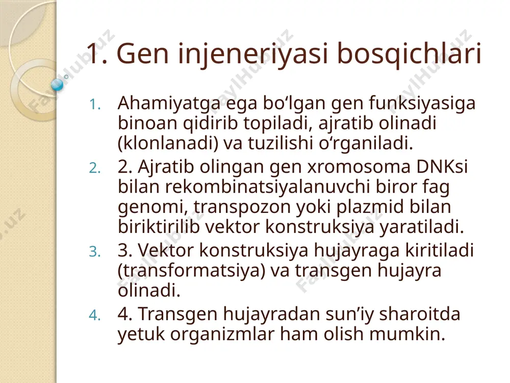(restriktaza). genetik injeneriya — gen yoki genlar yig‘indisining maqsadga muvofiq o‘zgartirilishi (manipulyatsiya qilish). genlarni klonlash — ko‘zlangan dnk bo‘lagini vektorlar vositasida ko‘paytirish. kallus to‘qima — hujayraning bo‘linishidan hosil bo‘lgan, deyarli ixtisoslashmagan hujayralar massasi. plazmid — xromosomadan tashqarida joylashgan, o‘z-o‘zini replikatsiya qila oladigan halqali dnk molekulasi. restriktaza — (ingl. restriction — kesish) dnk molekulasi ning maxsus nukleotidlar izchilligiga ko‘ra bo‘laklarga bo‘luvchi fermentlar. t-dnk — agrobakterium ti-plazmidasi tarkibidagi shish hosil qiluvchi dnk bo‘lagi. ti-plazmid — agrobakteriya hujayrasidagi o‘simliklarda shish kasalligini keltirib chiqaruvchi plazmid. transgen o‘simlik — (ingl. trans — ko‘chish) yot genni hujayraga kiritib, undan sun’iy sharoitda olingan yangi xususiyatli o‘simlik. vektor konstruksiyasi — biror ahamiyatga ega dnk bo‘lagi kiritilgan plazmid, virus yoki ko‘chib yuruvchi genetik elementlarning dnk molekulasi. e’tiboringiz uchun rahmat image2.jpeg image3.emf image4.emf image5.emf image6.emf image7.emf image8.wmf dna cloning.mp4 image9.jpeg print dna cloning.mp4 /docprops/thumbnail.jpeg