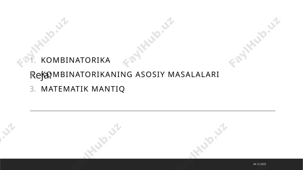 masalasi; 4. graflar nazariyasining kombinatorik masalalari – tarmoqlarni rejalashtirish masalasi: transport yoki elektr tarmoqlari masalalari, grafni bo`yash haqidagi masala; 5. ro`yhatga olish masalasi – biror qoidani kuzatish uchun berilgan elementlar naborini tashkil etuvchi predmetlar sonini topish masalari kabi. 16.12.2023 kombinatorika masalalarini yechishda diskret to`plam tadqiq qilinadi, ya`ni bu to`plam alohida ajratilgan elementlardan tashkil topgan deb qaraladi. ko`p hollarda bu top`lamlar chekli bo`ladi, lekin elementlar soni cheksiz bo`lgan to`plamlar inkor qilinmaydi. 16.12.2023 . matematik mantiq matematikaning ostmaydoni hisoblanadi va matematikaga rasmiy mantiqni tadbiq qiladi. mantiq jarayonini turli matematik belgilar bilan ifodalashga intilish arastu asarlaridayoq ko`zga tashlanadi. xvi – xvii asrlarga kelib, mexanika va matematika fani rivojlanishi bilan matematik metodni mantiqqa tatbiq etish imkoniyati kengaya bordi. nemis faylasufi leybnits har xil masalalarni yechishga imkon beruvchi mantiqiy matematik metod yaratishga intilib, mantiqni matematiklashtirishga asos soldi. mantiqiy jarayonni matematik usullar yordamida ifodalash asosan xix asrlarga kelib rivojlana boshladi. 16.12.2023 matematik mantiqning boshlang`ich tushunchalaridan biri …
