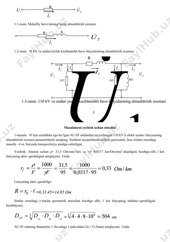 an as-95 simlardan tayyorlangan 110 kv li elektr uzatuv liniyasining almashtirish sxemasi parametrlarini aniqlang. simlarni tayanchlarda osilishi gorizontal, faza simlari orasidagi masofa - 4 m, liniyada transpozitsiya amalga oshirilgan. yechish. alumin uchun ρ= 31,5 om∙mm2/km va γ= 0,0317 km/om∙mm2 ekanligini hisobga olib, 1 km liniyaning aktiv qarshiligini aniqlaymiz. unda: liniyaning aktiv qarshiligi: simlar orasidagi o‘rtacha geometrik masofani hisobga olib, 1 km liniyaning induktiv qarshiligini hisoblaymiz. ac-95 simning diametrini 1-ilovadagi 1-jadvaldan (2rs=13,5mm) aniqlaymiz. unda: liniyaning induktiv qarshiligi: 1 km liniyaning aktiv o‘tkazuvchanligini aniqlash uchun dastlab kritik faza kuchlanishini aniqlash kerak. simlarning gorizontal joylashishida o‘rtadagi simning kritik kuchlanishi: chetdagi simlarda: liniyaning eng katta faza kuchlanishi kritik kuchlanishdan kichik, shuning uchun liniyaning butun uzunligi davomida tojlanish bo‘lmaydi. hisoblarsiz bunday xulosaga kelish mumkin, agar 1-ilovadagi 3-jadvaldan foydalansak, unda tojlanishdagi quvvat isrofi bo‘lmaydigan simning eng kichik diametri ko‘rsatilgan. 110 kvli elektr uzatish liniyasi uchun bunday sim ac-70 hisoblanadi. 1 km uzunlikdagi liniyaning sig‘im o‘tkazuvchanligini quyidagi …