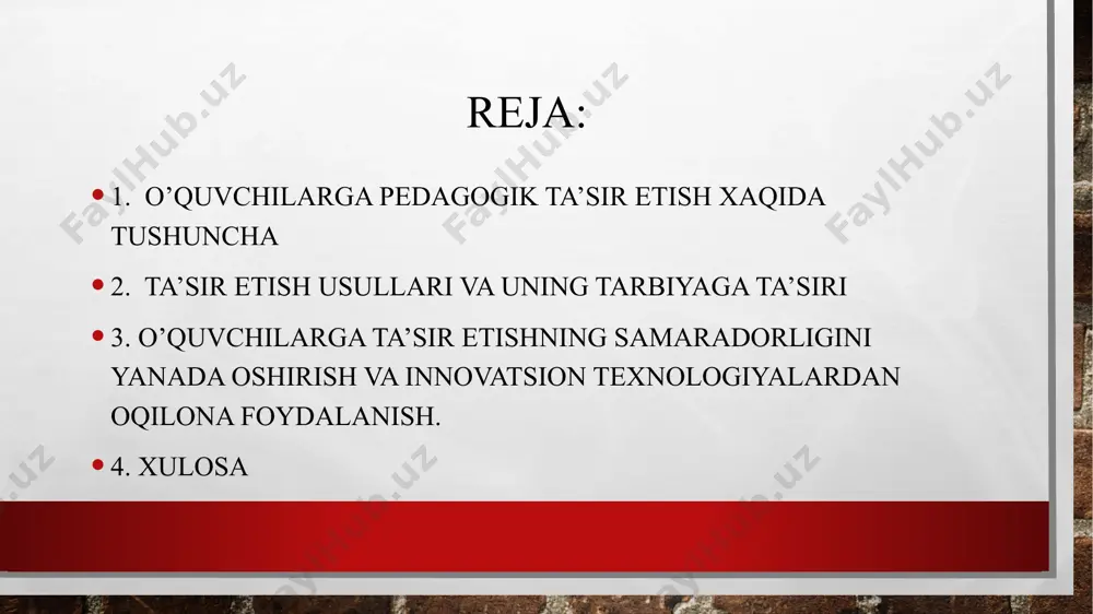 rbiyalanuvchining yosh va o’ziga xos xususiyatlarini xisobga olish tarbiyaning hayotiy faoliyati bilan bog’liq hodisa ekanligi tarbiyalanuvchi shaxsga nisbatan talabchan bo’lish va unung shaxsini xurmat qilish tarbiyaviy ishlarning izchilligi va muntazam olib borilishini nazorat qilish pedagogik ta’sir etishning asosiy usullari: talab, istiqbol, rag’batlantirish va jazolash, jamoatchilik fikri jamoatchilik fikri- eng qudratli usuldir. bu usul jamoa a’zolarining ijtimoiy faolligini va o’rtoqlarcha birdamligini rivojlantirishga yordam beradi talab- tajribada juda keng tarqalgan usul bolib, ta’lim va tarbiya jarayonida munosabatli harakatlarning ragbatlanishi yoki to’xtalishini ta’minlaydi ragbatlantirish va jazolash eng ananaviy usul bo’lib, xulq atvorni tuzatish, nomaqbul xatti xarakatlarni to’xtatishni ta’minlaydi. bunda pedagogdan xushyorlik sezgirlik xushmuomalalik talab etiladi. istiqbol- juda ta’sirli usul bolib, u bolalarning harakatlarini, oldiga maqsadlar qo’yish va ularga intilishni o’zida aks etadi. intiluvchanlikni rivojlantirishga yordam beradi. o’quvchilarning tarbiyasiga ta’sir ko’rsatish metodikasi bolalarning ijtimoiy faoliyatini pedagogic jixatdan maqsadga muvofiq tarzda tashkil etish uchun foydalaniladigan vositalar sistemasidan iborat. bu vositalar tarbiyalanuvchi shaxsiga qaratilgan bo’lib, bolalarning …