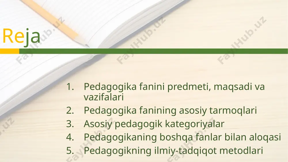 da komil insonni voyaga yetkazishning bir butun xolatdagi muammolarini xal kilish; ta’lim-tarbiya samaradorligini tinmay oshirish va dune talablari darajasiga olib chiqish masalalariga ijodiy yondashish; umuminsoniy qadriyat va milliy madaniyatning asoslarini e’tiborga olib, ta’lim-tarbiya mazmunini, milliy mafkurani shakllantirib borish imkonini yaratish; pedagogika-tarbiyashunoslik qoida, qonunlarni ilg’or tajribalar asosida boyitib borish va yangi ish shakllarini izlashga tadbirlar belgilash; uzluksiz ta’lim tizimini yanada rivojlashtirish muammolarini xal kilish; pedagogika fanining vazifalari: sharq va g’arbda xalq yaratgan xalq og’zaki ijodiyoti, pedagogikasi, mutafakkir, ma’rifatparvar, pedagog va olimlarning tarbiyashunoslikka doir ilg’or g‘oyalarini o‘rganib, tahlil qilib, komil insonni tarbiyalash jarayonini o’rganish; komil insonni tarkib toptirishning qonuniyat, qoida va zaruriy sifatlarini aniqlash; pedagogikadagi ta’lim-tarbiya nazariyasini hozirgi davr xususiy metodikasi bilan uzviylik muammolarini ishlab chiqish va yangi pedagogik texnologiya qonunlariga amal qilish; ta’lim-tarbiya nazariyasidagi qoida, qonun, tamoyil, metod va usullarini maktab amaliy hayoti bilan bog‘lab, bo‘lajak o’qituvchilarga o‘rgatish; jamiyatda kechayotgan ijtimoiy islohotlarning samaradorligi uning fuqarolari ega bo‘lgan ma’naviyatga bog‘liq; shu bois …