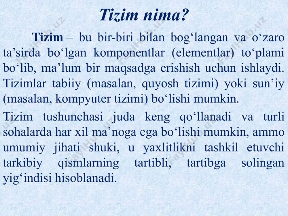 датчик) – texnik qurilmalarda avtomatik boshqarish tizimlari uchun ma’lumot to‘playdi. masalan: avtomobil havo bosimi datchigi qisqacha: sensor – bu atrof-muhitdagi o‘zgarishlarni sezib, ular haqida signal beruvchi elektron qurilma. (harorat, yorug‘lik, telefon sensori misollari) tranzaksiya soʻzi (inglizcha: transaction) – bu biror moliyaviy, tijorat yoki maʼlumot almashish operatsiyasini anglatadi. asosiy maʼnolari: moliya/bank sohasida: pul oʻtkazmalari, toʻlovlar, hisob-kitoblar (masalan, bank tranzaksiyasi, karta orqali toʻlov). misol: "uning kartasidan 500 000 soʻm tranzaksiya qilindi." tijoratda: savdo-sotiq shartnomasi yoki bitim (masalan, koʻchmas mulk tranzaksiyasi). qisqacha: tranzaksiya – biror resurs (pul, maʼlumot, tovar) almashinuvi boʻlgan rasmiy operatsiya. axborot tizimi turlari qo‘lda boshqariladigan tizimlar (masalan, daftarda yozib borish). avtomatlashtirilgan tizimlar (kompyuter dasturlari, masalan, crm (mijozlar bilan ishlashni boshqarish tizimi) tizimlar). ekspert tizimlar – sun’iy intellekt asosida qaror qabul qilish. ahamiyati: axborot tizimlari biznes, sog‘liqni saqlash, ta’lim va boshqa sohalarda samaradorlikni oshiradi. tizimning asosiy xususiyatlari quyidagilardan iborat: elementlar yoki qismlar mavjudligi: tizim tarkibiga kiruvchi asosiy qismlar yoki elementlar bo‘ladi. …