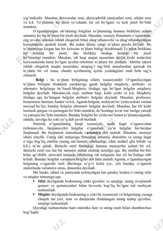 ni xulosalar qilishdir. statistika nimaga kerak? bu savolga javob berish uchun uning moxiyatini to'liq tushinib yetish talab etiladi. vaqt o'tish bilan statistikaning moxiyati va zaruriyati o'zgarib boradi. agarda, statistika paydo bo'lish paytlarida davlat extiyojlari qondirgan bo'lsa, sobiq ittifoq davrida asosan davlatning yillik va besh illik rejalarini bajarilishini nazorat qilish bilan shug'ullangan. hozirgi kunda, ya'ni bozor iqtisodiyoti sharoitida, mehnat taqsimoti rivojlangan va qiyinlashib ketgan, eng asosiysi yuqori raqobat shaklida ish olib borish sharoitida nafaqat davlatga, balki har bir kompaniyaga, firma yoki korxonaga. hatto har bir tadbirkorga dunyoning bir chekkasida qanday o'zgarishlar bo'layotganligi yoki hodisa va voqealarning o'zgarishi prognozi haqida ma'lumot zarur. bu yerda statistikadan yaxshi yordamchi topilmasa kerak, ya'ni faqatgina u ro'y berayotgan yoki beradigan hodisalarning hajmi, o'zgarish darajasi va istiqbolini xarakterlovchi raqamlarni yetkazib bera olishi mumkin. bu statistikaning amaliy mohiyatidir. yuqaridagi qisqa tahlildan ko'rinib turibdiki, statistikaga berilgan ta'riflar turli-tuman, bir-biriga a'xshamaydi. ularni bizni fikrimizcha, quyidagi guruhlarga ajratish mumkin: statistika deganda, …