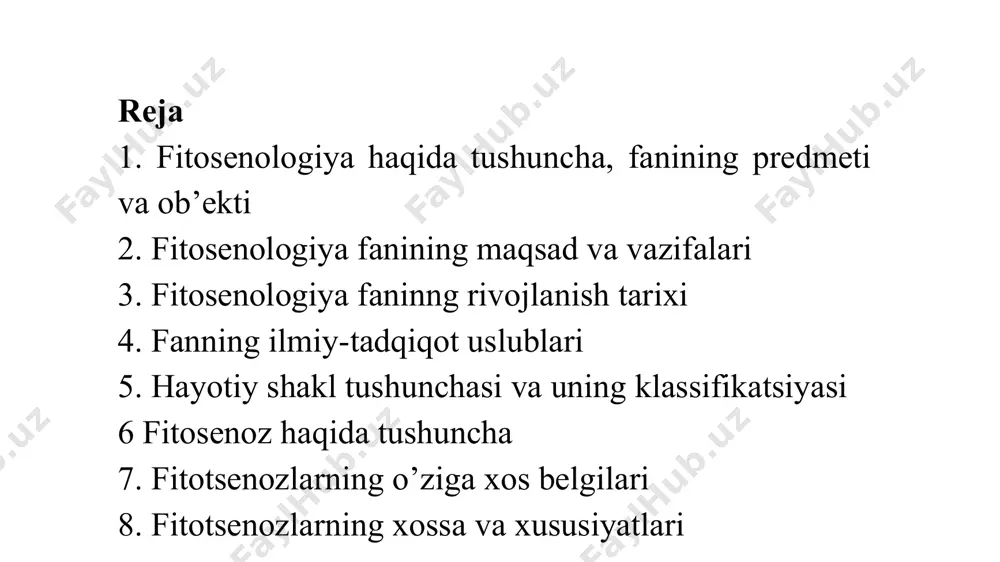 uchrashi, ishlab chiqarishda qanday maqsadlarda poydalanishi, sanoatda ishlatilishi fitosenologiyaning o’ziga xos vazifalari mavjud bo’lib, o’simliklar qoplamini tabiatning asosiy resursi ilmiy o’rganish va tahlil etish, qoplamning zamon talablariga javob beradigan. haritasini tuzish, iqtisodiy samaradorligini aniqlash va bundan to’g’ri foydalanish yo’llarini ko’rsatib berishdan iborat. fitosenologiya fanining rivojlanish tarixi geobotanika fan sifatida xviii asr oxiri xix asr boshlarida rivojlana boshladi. bu fanning rivojlanish tarixi o’simliklar geografiyasi hamda ekologiyasi bilan chambarchas bog’langan.. xix asr boshlarida g’arbiy yevropaning o’simliklar qoplamini geografik yo’nalishda o’rganish ishlari boshlandi. akademik frants ivanovich ruprext (1833-1878) va uning hamkasbi kiev universiteti professori ilya grigorevich borshov (1814-1870) 1857-1858 yillarda orol dengizi qirg’oqlariga va sirdaryo havzasiga ekspeditsiya tashkil qiladi. ushbu ekspeditsiyadan maqsad orol bo’yi o’simliklari qoplamini o’rganish bo’lgan. borshov ushbu ekspeditsiyada yig’ilgan materiallar asosida 1865 yil “material dlya botanicheskoy geografii aralo-kaspiyskogo kraya” nomli yirik asarini nashr etirdi. ushbu asar geobotanika yo’nalishdagi dastlabki ishlardan bo’lsada, ammo bunda geobotanika, o’simliklar qoplami, o’simliklar jamoasi, o’simliklar formatsiyasi …