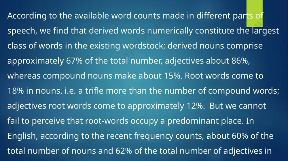 h words as «deform», «denature», «denominate». the remaining part «nationalize» can be broken into «national» and «ize»: the reason is the same (organize, humanize, standardize etc). «national» — into «nation» and «al» because «al» occurs in a number of words such as: occupational, musical, conditional etc). at each stage of the process we receive two constituents. the part of the word «denationalize» de,-nation,al-,ize-r are ultimate constituents because they can not be divided further. they are morphemes. in our example only «nation» can be said as a free morpheme, as it is like a wordform and can be used in isolation, de-.-al, -ize, are bound morphemes because they can't be used separately and do not coincide with wordforms. morphemes may be classified: a) from the semantic point of view, b) from the structural point of view. semantically morphemes fall into two classes: r o o t - m o r p …