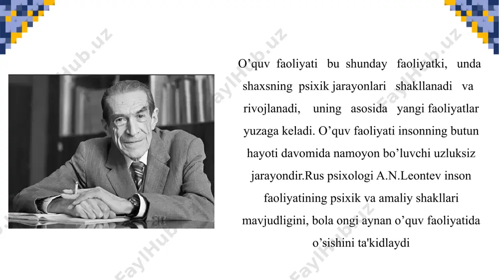 im jarayonida o’zlashtirishning muvaffaqiyati quyidagilarga bog’liq: ta'lim mazmuniga o’quv rejalari, dasturlari, darsliklar va o’quv qo’llanmalarining mavjudligiga ta'lim metodikalarini takomillashganligiga o’qituvchi maxoratiga o’quvchining individual psixologik xususiyatlariga tarbiya psixologiyasi maqsadga muvofiq ravishda tashkil etilgan pedagogik jarayon sharoitida inson shaxsi shakllanishining qonuniyatlarini o’rganadi, tarbiya har qanday jamiyatning muhim vazifasidir.tarbiya - bu shaxsning ijtimoiy, ma'naviy va ishlab chiqarish faoliyatiga tayyorlash maqsadida uning ma'naviy, jismoniy kamolotiga muntazam ravishda ta'sir ko’rsatish jarayonidir. insonning psixik taraqqiyotida va shaxsiy sifatlarining tarkib topishida tashqi, ijtimoiy muhit va tarbiyaning roli hal yetuvchi ahamiyatga egadir. lekin, inson shaxsining tarkib topishi, yuqorida aytib o’tganimizdek, faqat shu ikkita faktorga emas, balki uchinchi bir faktorga ham bog’liqdir. bu faktor nasliy yo’l bilan ayrim anatomik va biologik xususiyatlarning ta'siridir. odamga nasliy yo’l bilan ayrim anatomik va biologik xususiyatlar beriladi. masalan: tanasining tuzilishi, sochi va ko’zlarining rangi, ovozi, gapirish uslublari, ayrim harakatlari tug’ma ravishda berilishi mumkin. tarbiya jarayonining texnologiyasini quyidagicha sharhlash mumkin tarbiyalanuvchini alohida takrorlanmas, individuallik …