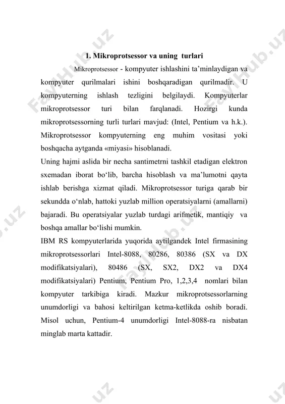 haqiqiy sonlar bilan ishlash sistemalari kiritilgan, shu sababdan ular uchun soprotsessorlar ishlab chiqarilmaydi. 2. mikroprotsessorning tuzilishi va asosiy xususiyatlari ma’lumki, mikroprotsessor exm-ning markaziy qurilmasi bo‘lib, raqamli axborotlarning berilgan algoritm bo‘yicha avtomatik ishlashini ta’minlaydi. protsessor exm-ning boshqa qurilmalari bilan rasmdagidek bog‘langan. so‘zlarni qabul qilish, saklash va ular ustida amallarni bajarish uchun registrlar, jamlagichlar va boshqa uzellardan tashkil topgan protsessorning operatsion qismi deb ataluvchi arifmetik – mantiqiy qurilma ishlatiladi. har qanday amal axborot so‘zlari (operandlar) ustida bajariladigan mikroamallar ketma-ketligidan iborat bo‘ladi. mikroamallarning bajarilish tartibi amal bajariladigan algoritm orqali aniqlanib, uzellarning kirish yo‘llariga boshqaruvchi signallar ketma-ketligini berish bilan amalga oshiriladi. boshqaruvchi signallar hosil qilishda protsessorning boshqaruvchi qismi deb yuritiluvchi boshqarish qurilmasidan foydalaniladi. bu qurilma kirish yo‘liga berilgan amal kodiga mos holda uning chiqish yo‘lida u1, u2, …, un boshqaruvchi signallar ketma-ketligi shakllanadi. amalning bajarilish jarayonida arifmetik mantiqiy qurilmadan boshqaruvchi qurilmaga mikroamallarning bajarilish tartibini boshqaruvchi r1,r2, …, rn mantiqiy shartlarni akslantiruvchi xabarlovchi signallar uzatiladi. …