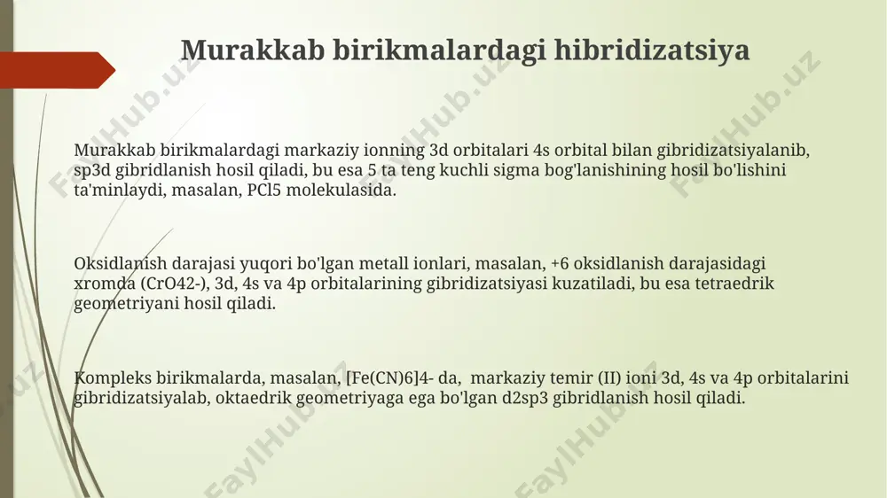 rning magnit xossalarini 100% aniq bashorat qila olmaydi, chunki bu erda d orbitalarining ishtiroki muhim ahamiyatga ega. гибридизация назарияси 3d va undan yuqori orbitalarni o'z ichiga olgan murakkab molekulalar, masalan, 6 koordinatalangan komplekslarni, to'liq tushuntirishda qiynaladi. hibridizatsiya va molekulaning qutbliligi suv (h₂o) molekulasida kislorod atomining sp³ gibridizatsiyasi natijasida hosil boʻlgan burchak 104,5° boʻlib, bu nosimmetrik tuzilish tufayli molekula qutb xarakteriga ega boʻladi. ammiak (nh₃) molekulasida azot atomining sp³ gibridizatsiyasi natijasida hosil boʻlgan piramida shaklidagi molekula, 3 ta n-h bogʻ va bitta yolgʻiz elektron jufti tufayli qutbli hisoblanadi. markaziy ionning sp³ gibridizatsiyasi natijasida hosil boʻlgan tetraedrik molekula, masalan, metan (ch₄) molekulasi, 4 ta teng qutbli bogʻlanishga ega boʻlib, umumiy dipol momenti nolga teng boʻladi. hibridizatsiyaning bog'lanish xususiyatlariga ta'siri sp³ hibridizatsiyasi tufayli uglerod atomining 4 ta teng kuchli σ-bog'lanish hosil qilish qobiliyati 12 ta elementlar davriy jadvalida ko'rsatilganidek, organik kimyoning asosiy tamoyillaridan biri hisoblanadi. hibridizatsiya natijasida hosil bo'lgan orbitallar fazoviy yo'nalishi 109,5° …