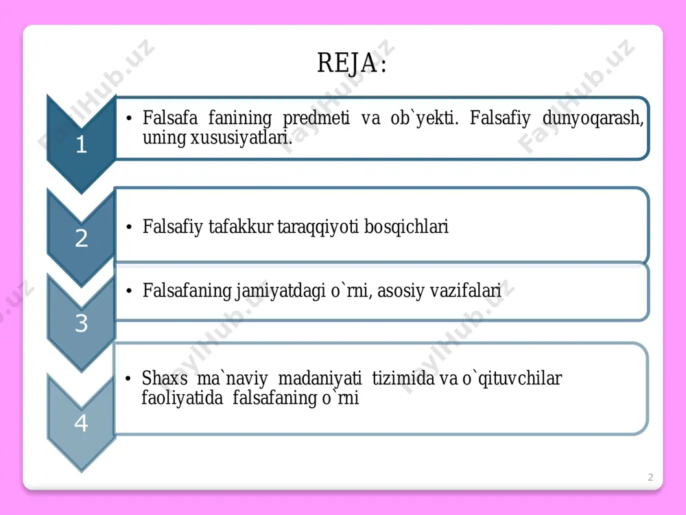 iyotining eng umumiy muammolarini o`rganadi. falsafa olam va odam taraqqiyotining eng umumiy qonunlari, odamning olamdagi o`rni to`g`risidagi fandir. falsafaning muammolari falsafaning eng muhim va azaliy muammosi – olam va undagi narsalarning mohiyati, qonunuyatlari, odamning olamga munosabati. 7 falsafa - dunyoqarash dunyoqarash-insonning olamga faol munosabati bo`lib, u olamni va o`zini anglash jarayonida shakllanadi. dunyoqarash insonning olam haqidagi xilma-xil qarashlari majmui. dunyoqarashning tarixiy tiplari m if o lo g ik d u n y o q a ra sh d in iy d u n y o q a ra sh il m iy – fa ls a fi y d u n y o q a ra sh 8 dunyoqarashning tuzilishi dunyoni sezish dunyoni idrok etish dunyoni tushunish -bu o`zini qurshagan - dunyoni -sezgilar yordamida -hissiy idrok etish -bu atrof – borliqni ideal -obrazlarda -tasavvur qilishлиш -inson va uni qurshagan dunyoning -mohiyatini aniqlash, -shungdekё tabiatda yuz beruvchi -voqealar -va jarayonlarning -o`zaro …