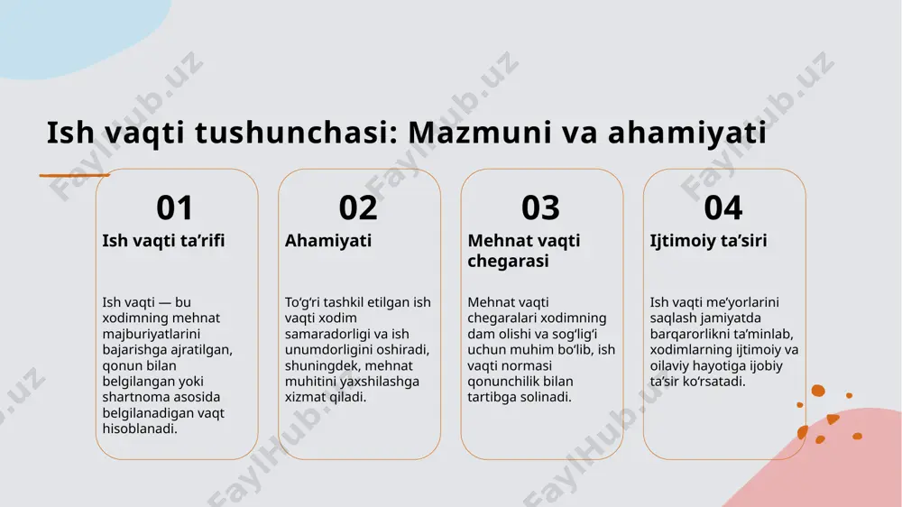 mlarga barqaror daromad va ijtimoiy himoya beradi, mehnat shartlari va huquqlari qonun bilan kafolatlanadi. 2 qisqartirilgan ish vaqti afzalliklari - qisqartirilgan jadval xodimlarga bo‘sh vaqtni ko‘paytiradi, stressni kamaytiradi va ish-hayot muvozanatini yaxshilashga yordam beradi. 3 to‘liq ish vaqti kamchiliklari - to‘liq jadvalda dam olishga vaqt oz bo‘ladi, ortiqcha ish yuklamasi va charchoq xodim unumdorligiga salbiy ta’sir qilishi mumkin. 4 qisqartirilgan ish vaqti kamchiliklari - qisqa ish vaqti natijasida daromad kamayadi, ijtimoiy imtiyozlar to‘liq bo‘lmasligi va martaba o‘sish imkoniyati cheklanadi. moslashuvchan ish vaqti: zamonaviy ish tashkil qilish amaliyoti 1 moslashuvchanlik mohiyati moslashuvchan ish vaqti xodimlarga ish soatini mustaqil belgilash imkonini beradi, ish va shaxsiy hayot muvozanatini yaxshilaydi. 2 texnologiya roli zamonaviy texnologiyalar masofadan ishlash va vazifalarni onlayn boshqarishga imkon berib, moslashuvchan ish tashkilotini qo‘llab-quvvatlaydi. 3 afzalliklari moslashuvchan ish vaqti xodimlarning motivatsiyasi va samaradorligini oshiradi, stressni kamaytiradi, kompaniya uchun raqobatbardoshlik yaratadi. 4 o‘zbekiston tajribasi o‘zbekistonda ayrim kompaniyalar masofaviy va moslashuvchan ish jadvalini …