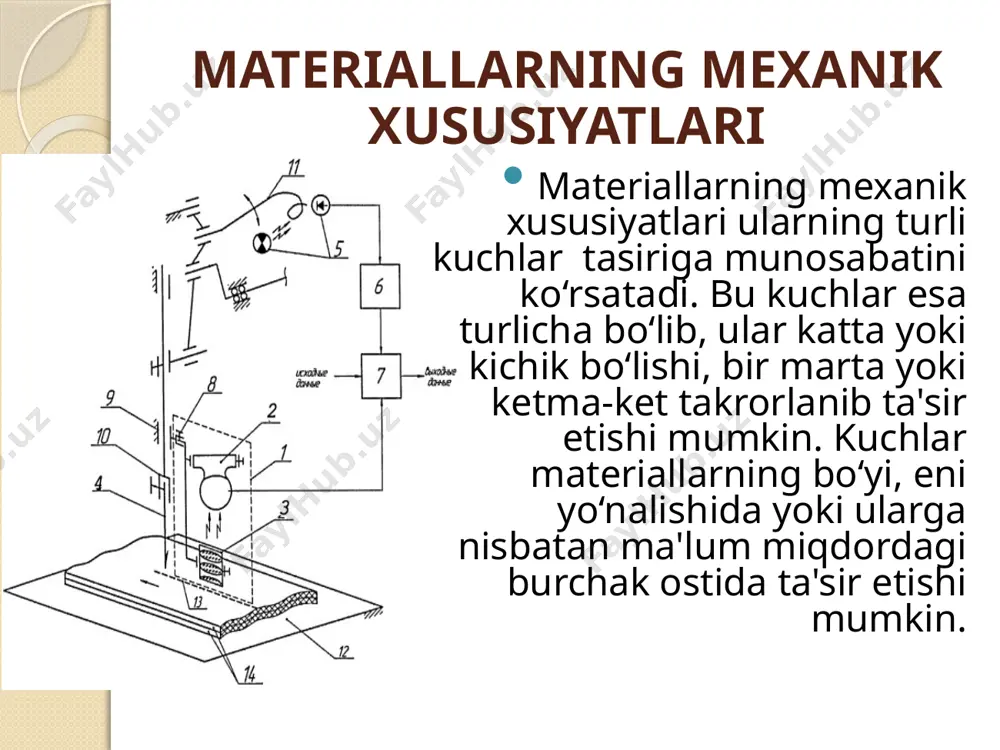 uvchi iplarning tuzilishi va chiziqiy zichligi, o‘rilishi, zichligi, pardozlash turiga bog‘liq. sintetik tolalardan to‘qilgan gazlamalar mustahkam bo‘ladi. iplar qancha yo‘g‘on va gazlama qancha zich bo‘lsa, i shuncha mustahkamdir. eng mustahkami polotno o‘rilishda to‘qilgan azlamalardir. bosish, appretlash kabi pardozlash jarayonlari materiallarning mustahkamligini oshiradi, oqartirish, bo‘yash jarayonlari bo‘lsa, gazlamaning mustahkamligini biroz pasaytiradi. uzish kuchini aniqlash bilan bir paytda materiallarning cho‘zilishdagi uzayishi ham aniqlanadi. cho‘zilishda uzayishi deb materiallarning dastlabki uzunligi bilan uzilgungacha cho‘zilgandagi uzunligi orasidagi farqqa aytiladi. mazkur ko‘rsatkich millimetrda ifodalansa, mutloq uzayish deb aytiladi va "lyz” deb belgilanadi. materiallarning uzayishi foizda ifodalansa, u nisbiy uzayish en (foiz) deb aytiladi va mutloq uzayishga asoslanib hisoblanadi: en = (luz\lqis)100 bu yerda:luz— materialning mutloq uzayishi, mm; lqis— uzish mashinasining qisqichlari orasidagi masofa, mm. qoldiq davrli deformatsiya — eqd — ma'lum miqdordagi takrorlangan davrlarda yig‘ilgan deformatsiya. u har davrdagi plastik deformatsiyalar va qaytib ulgurmagan elastik defor-matsiyalardan iborat. materiallarning ko‘p davrli mexanik xususiyatlari turli xil pulsator asboblarda …
