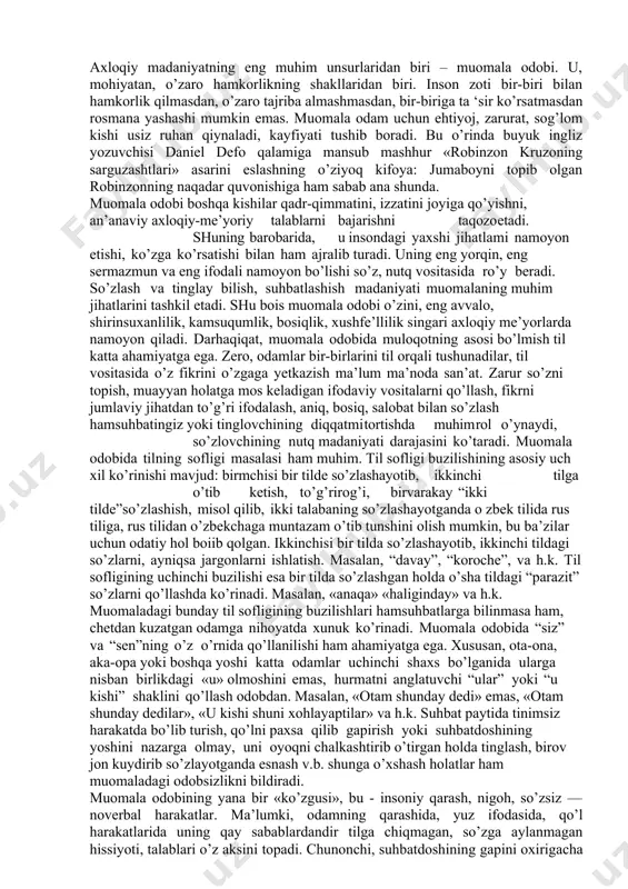 ’lsa-da, bugun ulardan o’sha shakllarda foydalanish erish tuyuladi, hazilomuz-kulgili ko’nnadi, hatto istehzoli- kinoyaviy urg’u kasb etadi. biz yuqorida madaniyatning keng qamrovlilik xususiyatini ta ‘kidlab o’tdik. zotan madaniyatning biror sohasi yo’qki, unda axloqiy madaniyat bevosita yoki bilvosita ishtirok etmagan bomsin. u iqtisodiy madaniyatmi, tibbiy madaniyatmi, estetik madaniyatmi, baribir axloqiy madaniyatsiz mavjud bo’lolmaydi. hammasida axloqiy madaniyat muomala odobi, etiket, kasbiy odob ko’rinishlarida nafaqat ishtirok etadi, balki ma’lum ma’noda ularning yashash shartini belgilab beradi. insonlar toki jamiyat bo’lib hayot kechirar ekanlar, ular bir-birlari bilan axloqiy munosabatga kirishmay yashashlarining iloji yo’q. axloqiy madaniyat ana shu munosabatning asosi, mohiyatini tashkil etadi. axloqiy madaniyat axloqiy tafakkur madaniyatining qator unsurlarini o’z ichiga oladi. ana shunday eng muhim unsurlardan biri — muomala odobi. axloqiy madaniyatning eng muhim unsurlaridan biri – muomala odobi. u, mohiyatan, o’zaro hamkorlikning shakllaridan biri. inson zoti bir-biri bilan hamkorlik qilmasdan, o’zaro tajriba almashmasdan, bir-biriga ta ‘sir ko’rsatmasdan rosmana yashashi mumkin emas. muomala odam uchun …