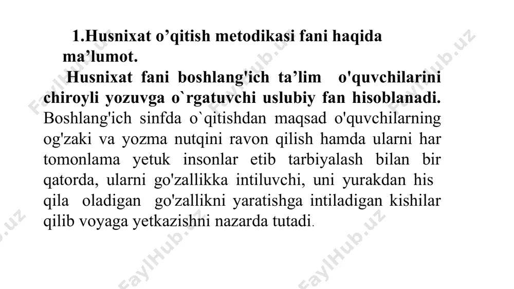 o'rgatish jarayonida bolaning har tomonlama: nerv sistemasi, qo'l harakatlari va muskullari, ko'rish organlari, eshitish organlari, umurtqa pog'onasi rivojlangan bo'lishi kerak. o'quvchi shundagina husnixat malakalarini o'zlashtira oladi. agar o'quvchining biz yuqorida tilga olgan organlaridan biri yaxshi taraqqiy etmagan bo'lsa, u o'quvchida chiroyli yozuv malakalari to'g'ri yo’lga qo'yilmaydi. shunday holatlarning kelib chiqishi kelajakda o'z ta`sirini ko'rsatadi. o'quvchi partada o'tirib yozish jarayonida, eng avvalo yozuv qurollarini to'q'ri joylashtirishi zarur. buning uchun birinchi navbatda o'quvchi partada to'g'ri o'tirishi kerak . chunki o'quvchi partada to'g'ri o'tira olmasa, egri o'tirsa umurtqasi noto'g'ri o'sadi va bolaning jismoniy o'sishiga salbiy ta`sir qiladi va hattoki bir umr bola nogiron bo'lib qolish holatigacha borib yetadi. buning utun o'qituvchi bolaning partada o'tirish, turish, dartarni ushlash va yozish qoidalarini ko'proq ta`kidlab turishi zarur. husnixat o'qitish metodikasi fani bevosita tilshunoslik fani bilan ham bog'liq. har bir yoziladigan harf, avvalo, nazariy o'rganilgan va asoslangan. ushbu harflar asosida husnixat mashg'ulotlari o'tkaziladi. xullas, fan estetika, fiziologiya, …