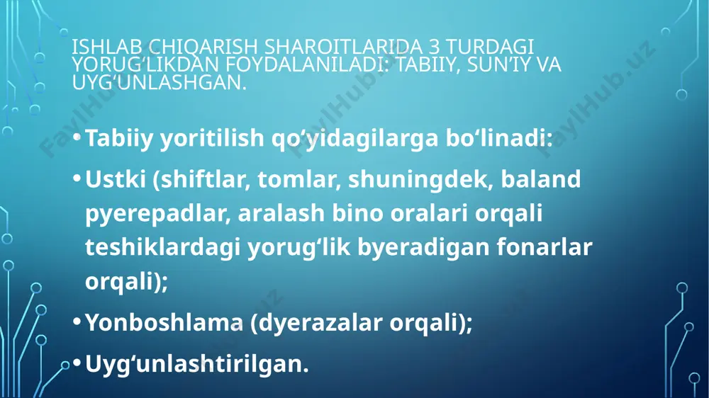 ishlarini o‘zgartirish hisobiga yerishish mumkii. 5.yoritilish miqdori vaqt bo‘yicha o‘zgarmas bo‘lishi kyerak. yoritilishning ko‘payib-kamayishi, agar u o‘qtin-o‘qtin ro‘y byeradigan bo‘lsa, ko‘zga zarar keltiradi, chunki ko‘z yorug‘lik o‘zgarishlariga ko‘nikishiga to‘g‘ri keladi. bu esa ko‘zning tez charchashiga olib keladi. 6.yorug‘lik nurlarini optimal yo‘nalish bilan yo‘naltirish kyerak; bunda ma’lum holatlarda detalning ichki yuzalarini ko‘rish va boshqa hollarda detal yuzasidagi kamchiliklarni yaxshiroq ko‘rish imkoniyati tug‘iladi. 7.yorug‘likning lozim bo‘lgan spektr sostavini tanlash zarur. bu talab matyeriallarning rangini aniq belgilash zarur bo‘lgan hollarda muhim rol o‘ynaydi. 8.yorug‘lik qurilmalari qo‘shimcha xavf va zararliklar manbai bo‘lmasligi kyerak. shuuning uchun yoritish manbalari ajratadigan issiqlikni, tovush chiqarishini maksimal kamaytirish kyerak. 9.yoritish qurilmasi ishlatish uchun qulay, o‘rnatish oson va iqtisodiy samarador bo‘lishi kyerak. image2.png image3.jpg image4.jpg image5.jpg image6.jpg image7.jpg image8.jpg image9.jpg image10.jpg image11.jpg image12.jpg image13.jpg image14.jpg /docprops/thumbnail.jpeg