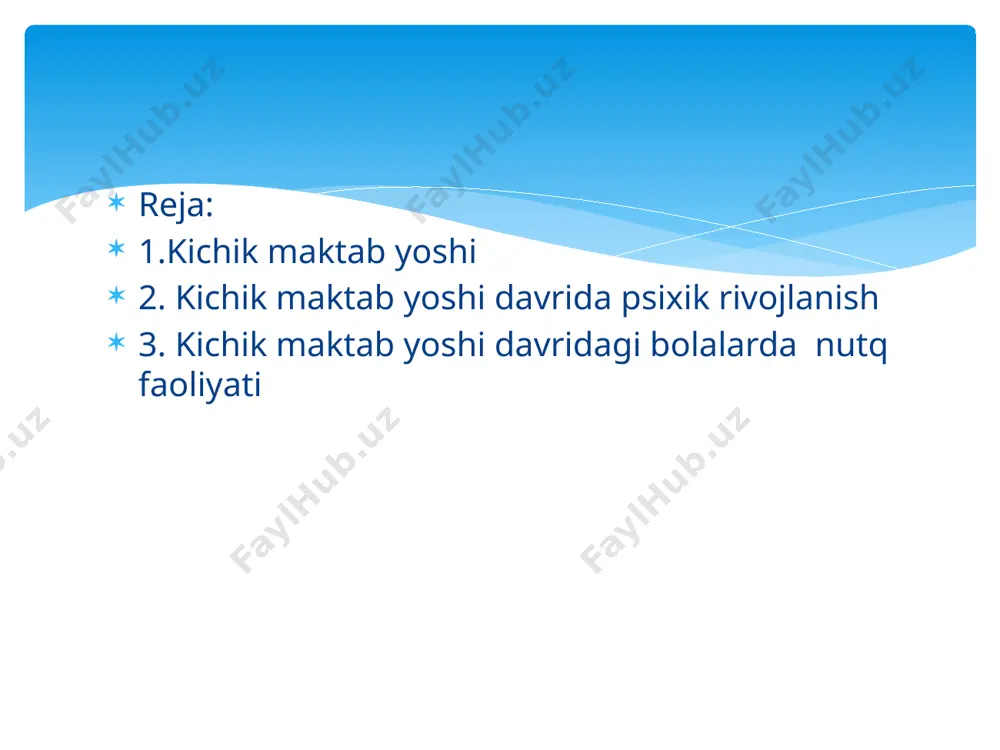 ogik jihatdan tayyorlanadi. uning psixikasi bilim olishga etadigan darajada rivojlanadi. shu yoshdagi bola idrokining utkirligi, ravshanligi, sofligi, aniqligi, o’zining qiziquvchanligi, ishonuvchanligi, xayolining yorkinligi, xotirasining kuchliligi, tafakkurining yakkolligi bilan boshqa yoshdagi bolalardan ajralib turadi. maktab ta’limiga tayyorlanayotgan bolada diqqat nisbatan uzoq muddatli va shartli barkaror bo’ladi. kichik maktab yoshidagi bolalarning asosiy faoliyati o’qish hisoblanadi. bolaning maktabga borishi, uning psixologik rivojlanishi va shaxs bo’lib shakllanishidagi o’rni nixoyatda katta. bola o’quv faoliyatida o’qituvchi rahbarligida inson ongining turli asosiy shakllarining mazmunini egallaydi va insoniy an’analar asosida harakat qilishni o’rganadi. o’quv faoliyatida bola o’z irodasini o’quv maqsadlariga erishish uchun mashk kildiradi. o’quv faoliyati boladan nutq, diqqat, xotira, tasavvur va tafakkurini kerakli darajada rivojlanishini talab etgan holda, bola shaxsi rivojlanishi uchun yangi sharoitlarni yaratadi. birinchi bor maktabga kelgan bola o’z atrofdagilari bilan psixologik jihatdan yanga munosabat tizimiga o’tadi. u hayotining tubdan o’zgarganini, unga yangi majburiyatlar, nafaqat, har kuni maktabga borish, balki o’quv faoliyati talablariga buysunish ham …