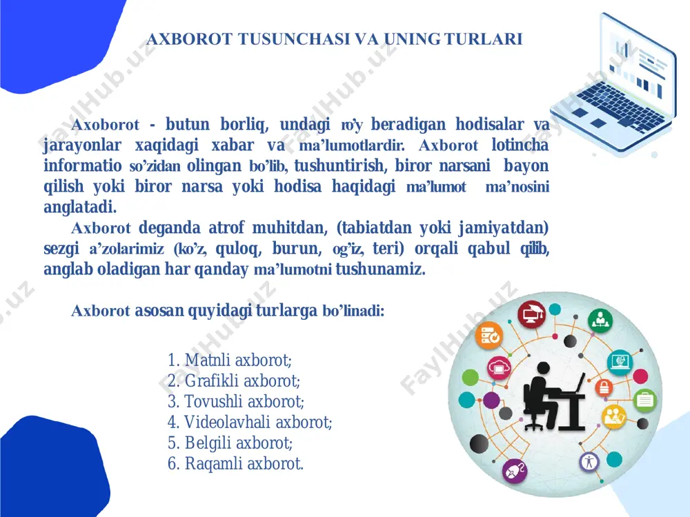o̓ ylab topilgan. informatika (nem. informatik, fransuzcha: informatique, inglizcha: computer science - komputer fani), axborotshunoslik — ilmiy informatsiya (axborot, xabar, ma l̓umot)ning mohiyati, umumiy hossalari va koʼrinishlarini, shuningdek, ilmiy kommunikatsiya tizimi (o̓ sha ilmiy informatsiyani tarqatish usullari va vositalari majmui)ni oʼrganish bilan shugʼullanadigan ilmiy fandir. inson faoliyatining ehm, kompyuterlar bilan bog̓ liq bo l̓gan sohasi. ijtimoiy fanlar jumlasiga kiradi. аxborot texnologiyasi tushunchаsi аxborot texnologiyalari - maʼlumotlarni boshqarish va qayta ishlash texnologiyalaridir. odatda bu atama ostida kompyuter texnologiyalari tushuniladi. аxborot texnologiyalari sohasida turli axborotni ehm va kompyuter tarmoqlari orqali yig i̓sh, saqlash, himoyalash, qayta ishlash, uzatish kabi amallar ustida ishlar olib boriladi. texnologiyasi insoniyat taraqqiyotining ham mavjud turli zamon аxborot bosqichlarida axborotlashgan jamiyatining bo l̓gan bo l̓sa-da, xozirgi o̓ziga xos hususiyati shundaki, sivilizatsiya tarixida birinchi marta bilimlarga erishish va ishlab chiqarishga sarflanadigan kuch energiya, xomashyo, materiallar va moddiy iste̓ mol buyumlariga sarflanadigan xarajatlardan ustunlik qilmoqda, ya̓ni axborot texnologiyalari mavjud yangi texnologiyalar …