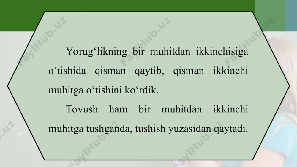 hliqlari yoki chet moddalar kirib qolganligi ham aniqlanadi. quymaga bevosita tekkizilib qo‘yilgan tovush manbai va qabul qilgich quyma bo‘ylab yurgiziladi. agar quyma ichi bir xil zichlikda va tutash bo‘lsa, qaytgan tovush bir xilda bo‘ladi. chet modda va bo‘shliq bo‘lsa, qaytgan tovush buziladi. tibbiyotda ham buyrak kasalliklarini, homila holatini zararsiz holda o‘rganish ultratovushlar vositasida amalga oshiriladi.